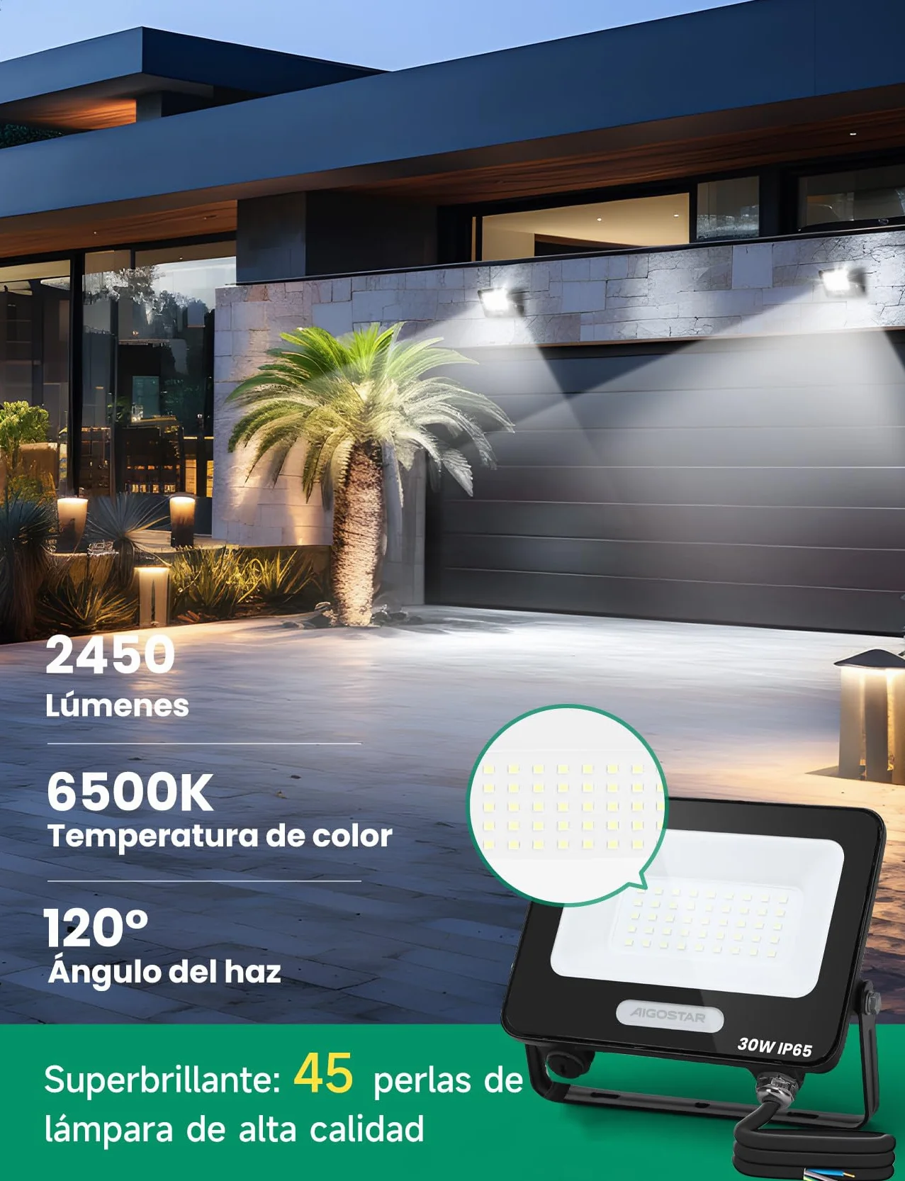 Aigostar Reflektor zewnętrzny LED 30W 2450lm IP65 6500K zimna biel 2 szt