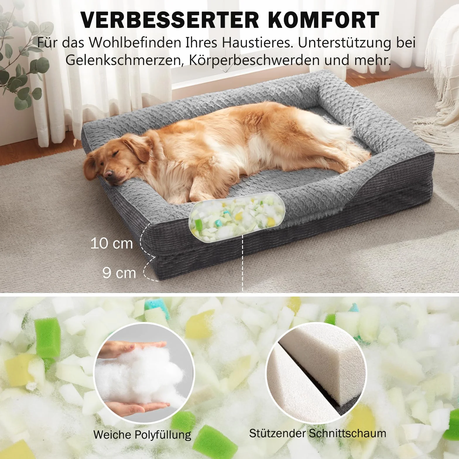 FURTIME Ortopedyczne legowisko dla psa, średniej wielkości, z pianką memory, zdejmowane i nadające się do prania, antypoślizgowe legowisko dla psa, sofa z wysokim brzegiem, 89 x 64 x 18 cm