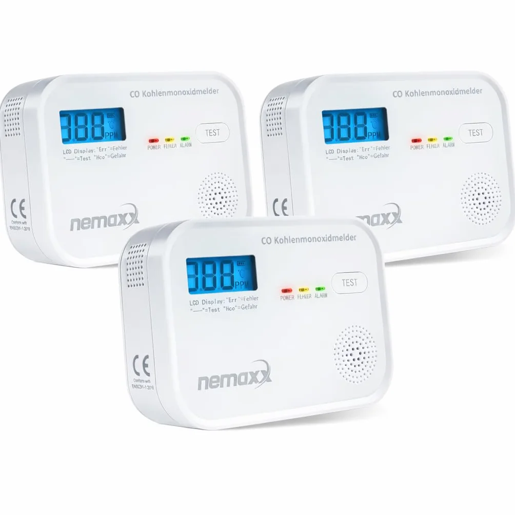 NEMAXX CM18 Czujnik Tlenku Węgla Alarm CO z Wyświetlaczem LCD 85 dB Sensor Elektrochemiczny EN 50291-1:2018 Zestaw 3 szt.