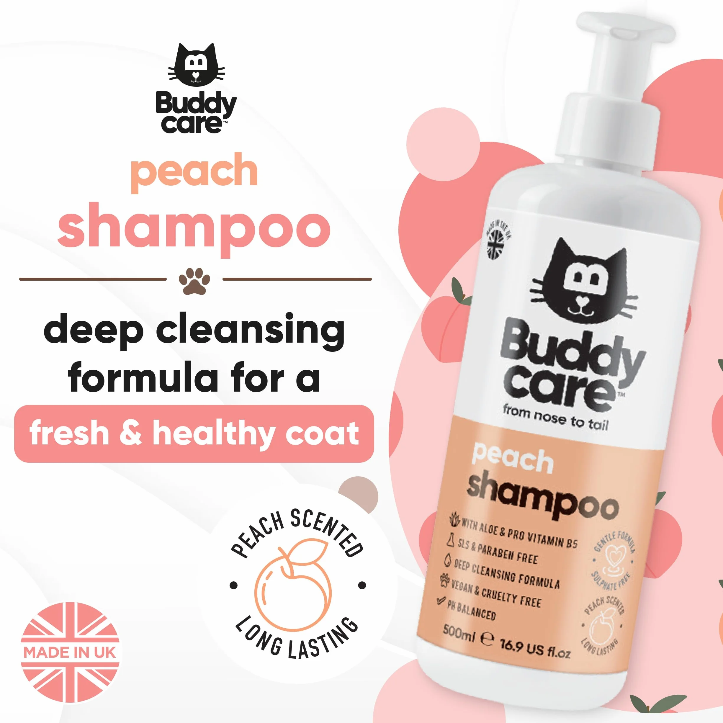 Buddycare Szampon dla kotów 500 ml szampon dla kotów o zapachu brzoskwini do czyszczenia i mycia