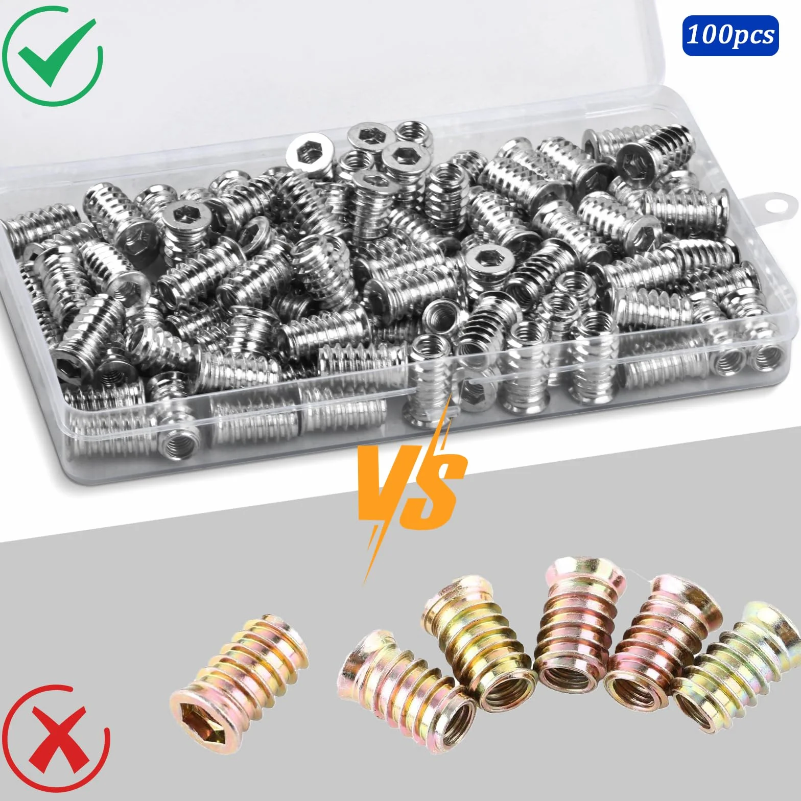 100 sztuk nakrętek wkręcanych M6 x 20 mm, wkładka gwintowana do drewna, mufy wkręcane, wkładki gwintowane ze stali ocynkowanej, tuleje wkręcane, tuleje gwintowane do mebli drewnianych