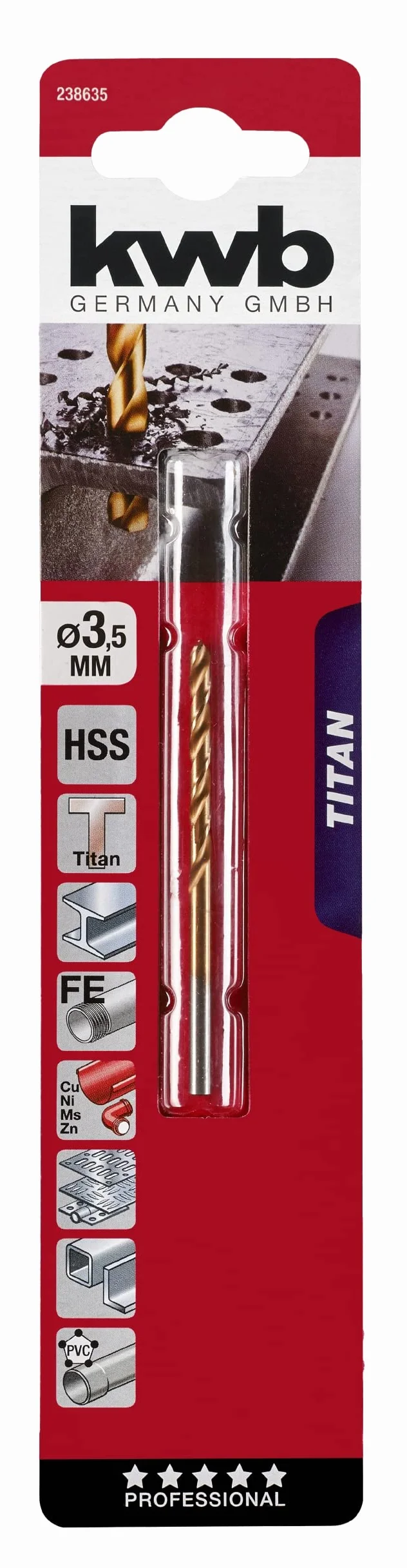 kwb Wiertło tytanowe HSS do metalu Ø 3,5 mm ze specjalnym kątem punktowym, długą żywotnością i dużą prędkością cięcia do wiertarek akumulatorowych i wiertarek