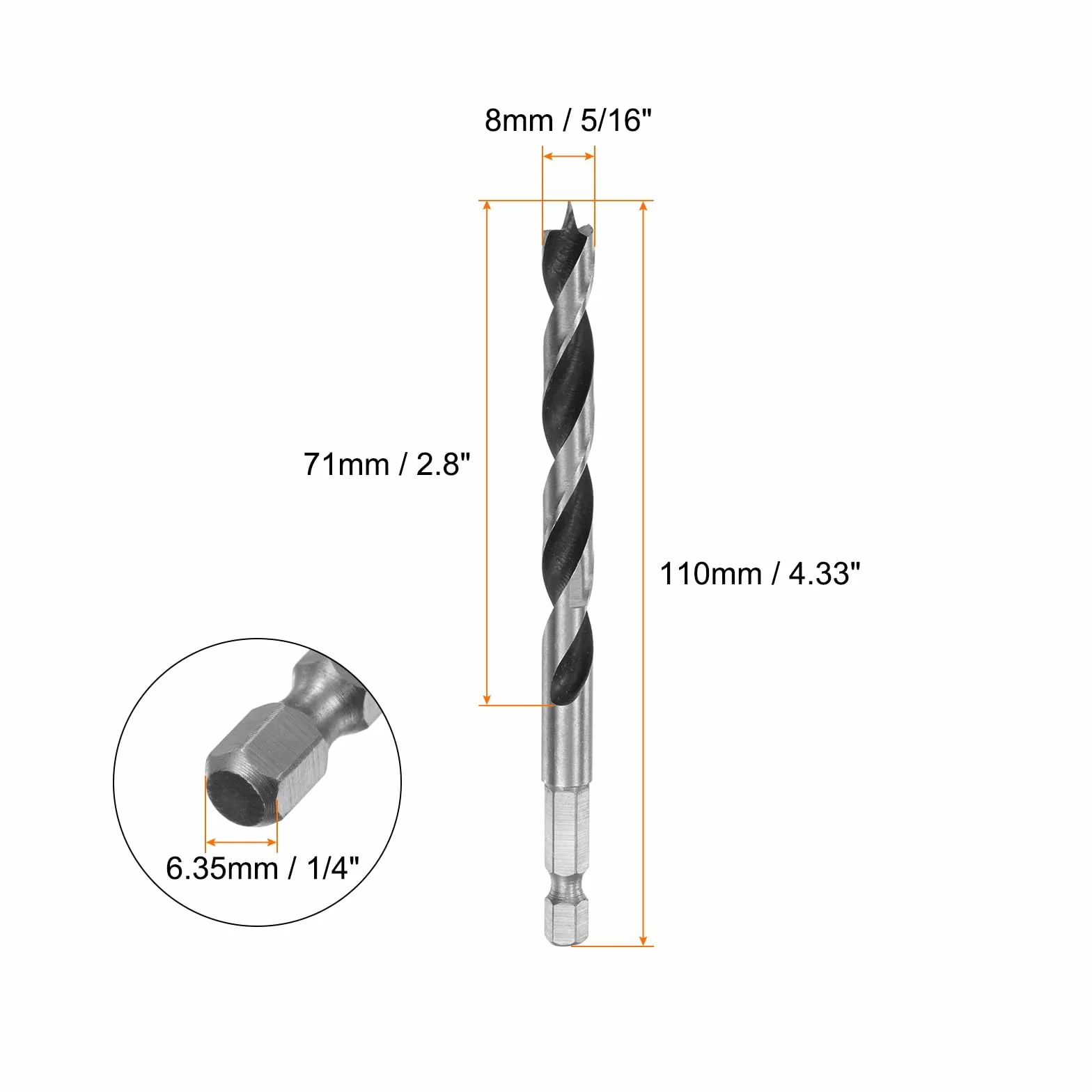 QUARKZMAN 2 szt. wiertła Brad Point 8 mm (5/16") łożysko stalowe 1/4" sześciokątne wiertła do drewna długość robocza 2,8" spiralne narzędzie do wiercenia w drewnie