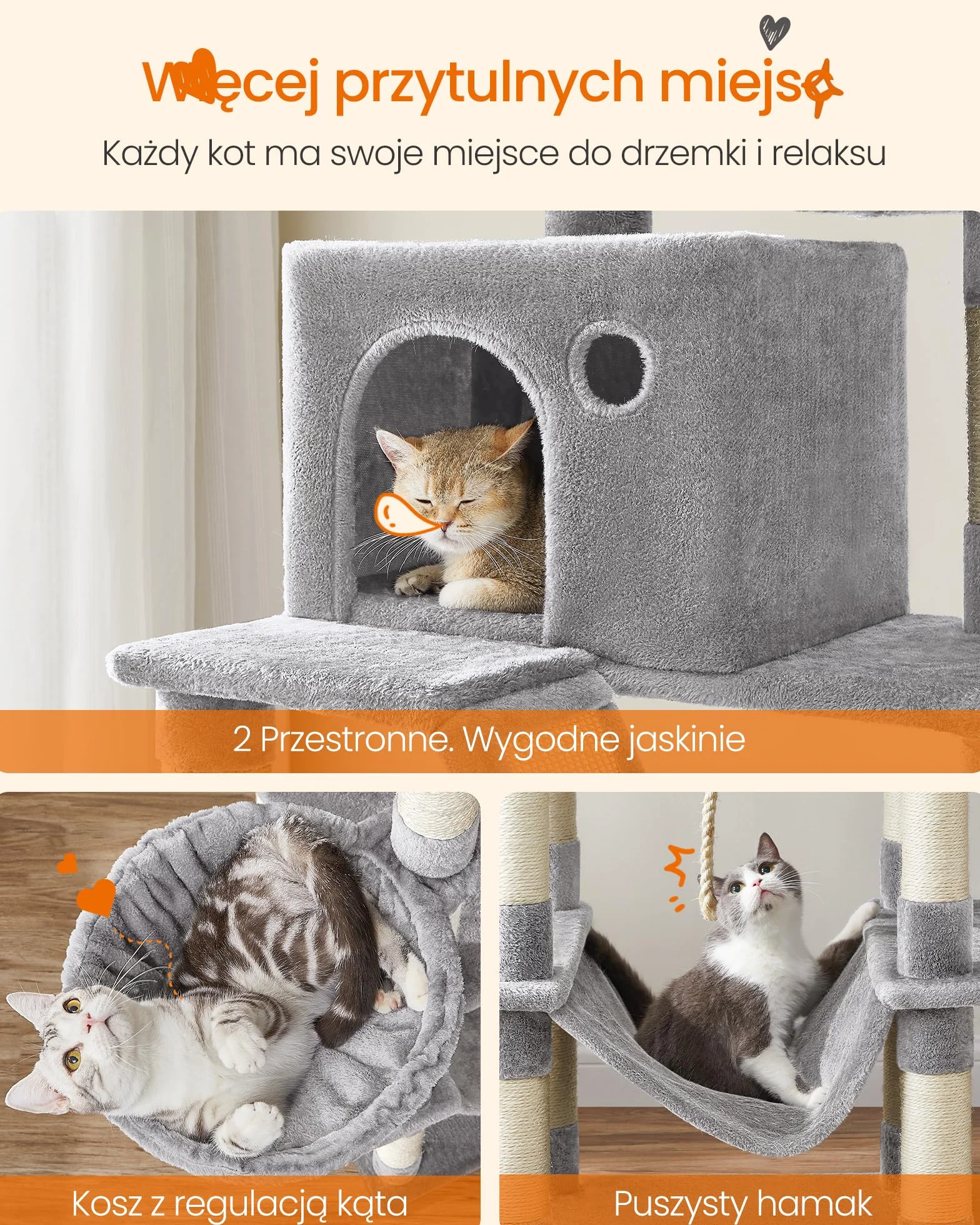 Feandrea duży drapak dla kota XXL 206 cm 13 kolumn 2 platformy 2 jaskinie kosz hamak jasnoszary