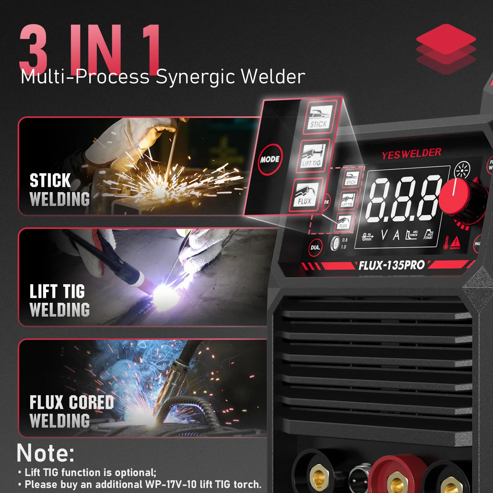 YESWELDER 135Amp MIG Spawarka bez Gazu 230V Rdzeń Topnika Maszyna do Spawania Flux MIG/Lift TIG/Stick 3 w 1 Spawacz Duży Cyfrowy Wyświetlacz LED IGBT Inverter Zgrzewarka