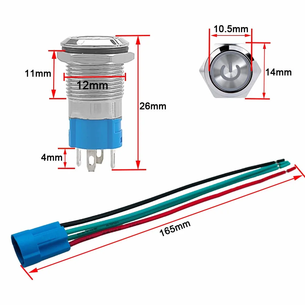2 sztuki 12 mm automatyczny przełącznik przyciskowy, 12 V / 24 V 3A wodoodporny przełącznik przyciskowy ze stali nierdzewnej IP66, z gniazdem przewodowym (biała dioda LED)