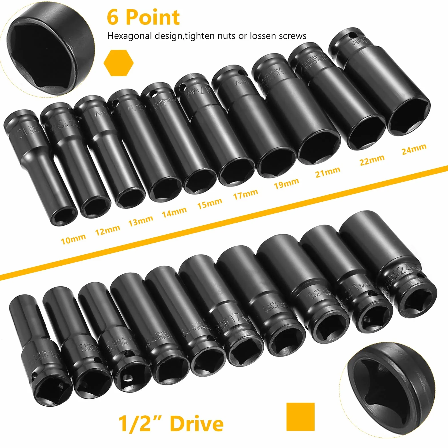 Zestaw 10 nasadek udarowych 1/2" głębokich 10-24mm z pudełkiem