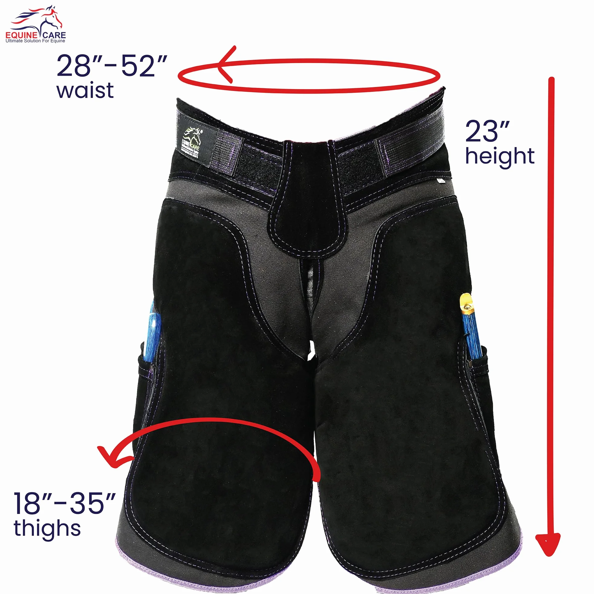 Equine Care Fartuch damski Farrier 23″ - skóra i płótno, regulowana talia 28-52″, wyściełane kolana EVA, podparcie lędźwiowe, 4 kieszenie na noże i magnesy na paznokcie do przycinania kopyt (czarny z