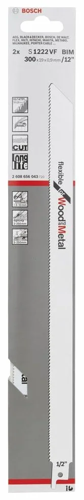 Bosch Professional 2 szt. brzeszczot do piły szablasta S 1222 VF Flexible for Wood and Metal (długość 300 mm, akcesoria do piły szablajnej)