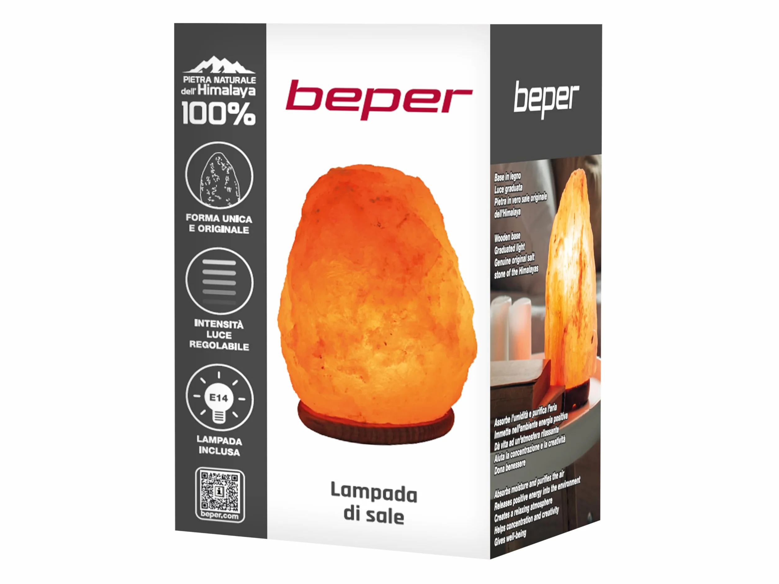 BEPER P201UTP100 Naturalna Himalajska Lampa Solna, Optymalna, Ręcznie Wykonana z Podstawą z Różowego Drewna