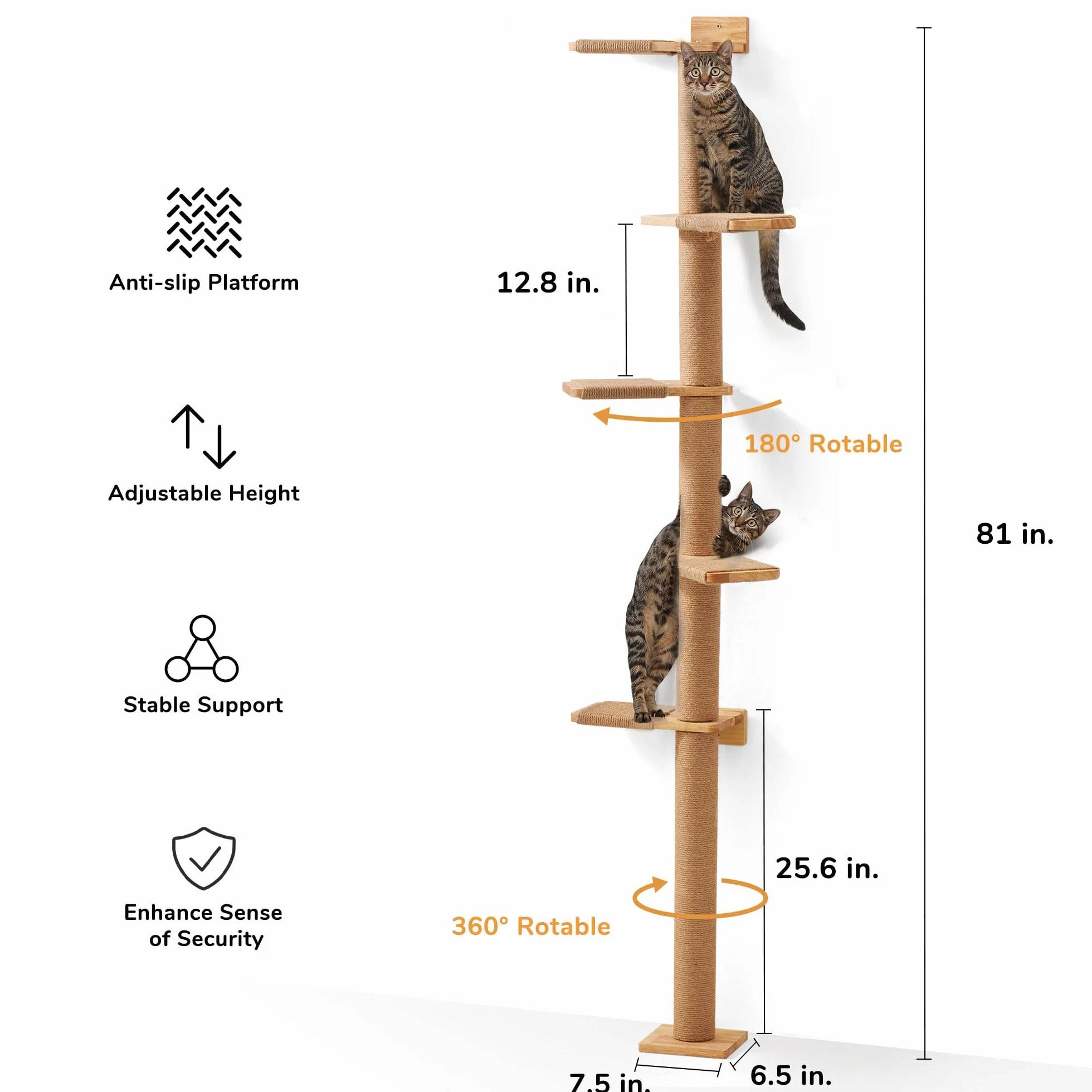 FUKUMARU Tall Cat Tree, 5 Tier Floor to Ceiling Cat Tower, Wall-Mounted Cat Scratching Post, Wild Simulation Cat Wall Shelves, Suitable for Cats Climb, Scratch, Lookout and Play