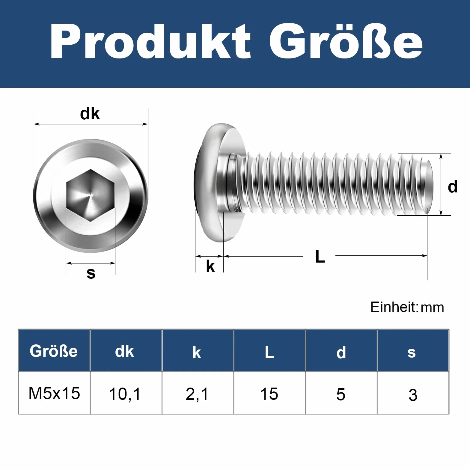 20 sztuk śrub z łbem płaskim M5 x 15 mm, z łbem sześciokątnym, napęd M5, stal nierdzewna, A2, V2A, pełny gwint z kluczem imbusowym