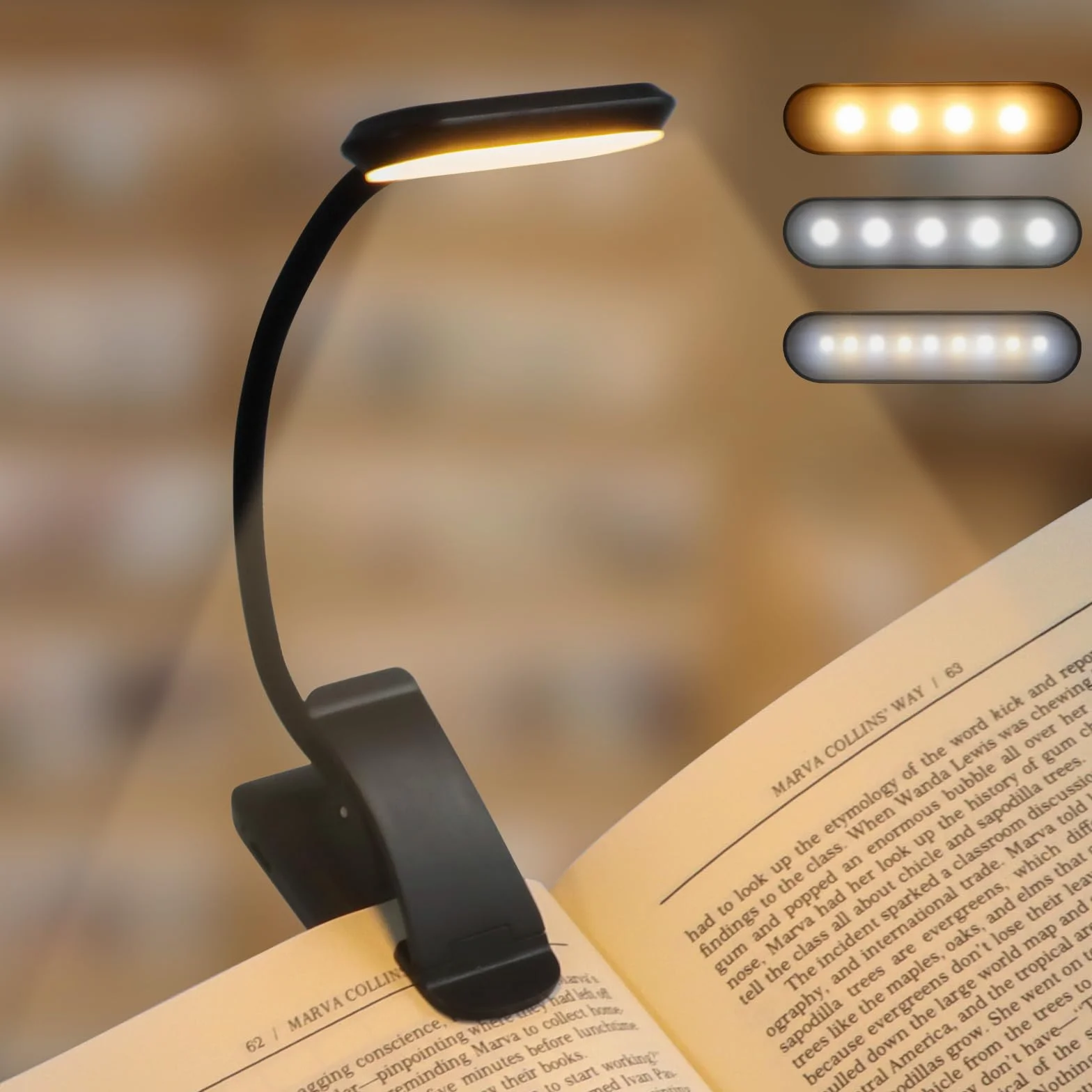 Caldarax Światło do czytania ze szczypcą, lampa do czytania USB z 9 diodami LED, 3 temperatury kolorowe, bezpoziomowe ściemnianie, przenośne, do czytania nocnej książki, przenośne, dzieci(czarny)