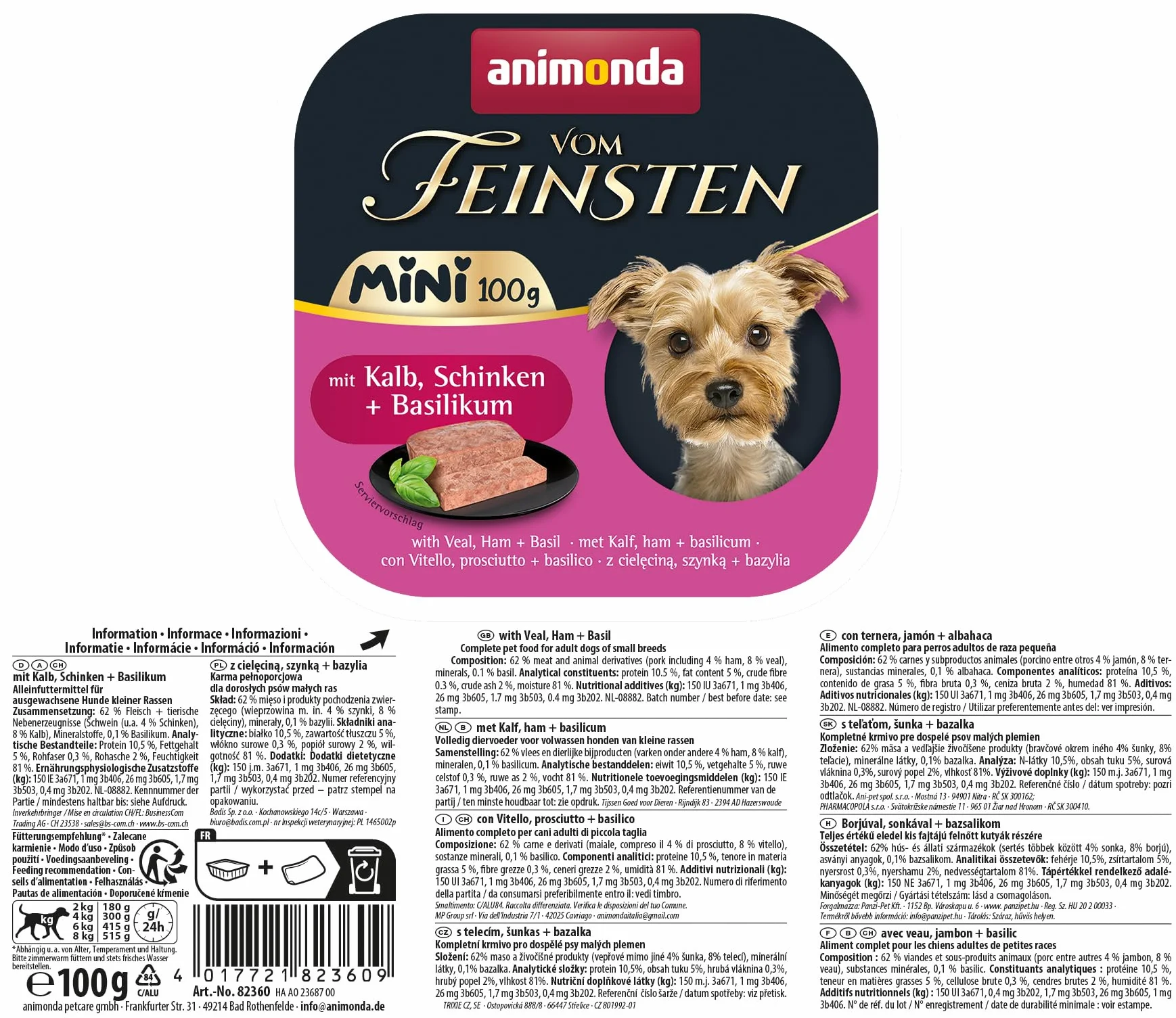 animonda Vom Feinsten Adult Mini mokra karma dla psów małych ras cielęciną szynką bazylią 32 x 100 g