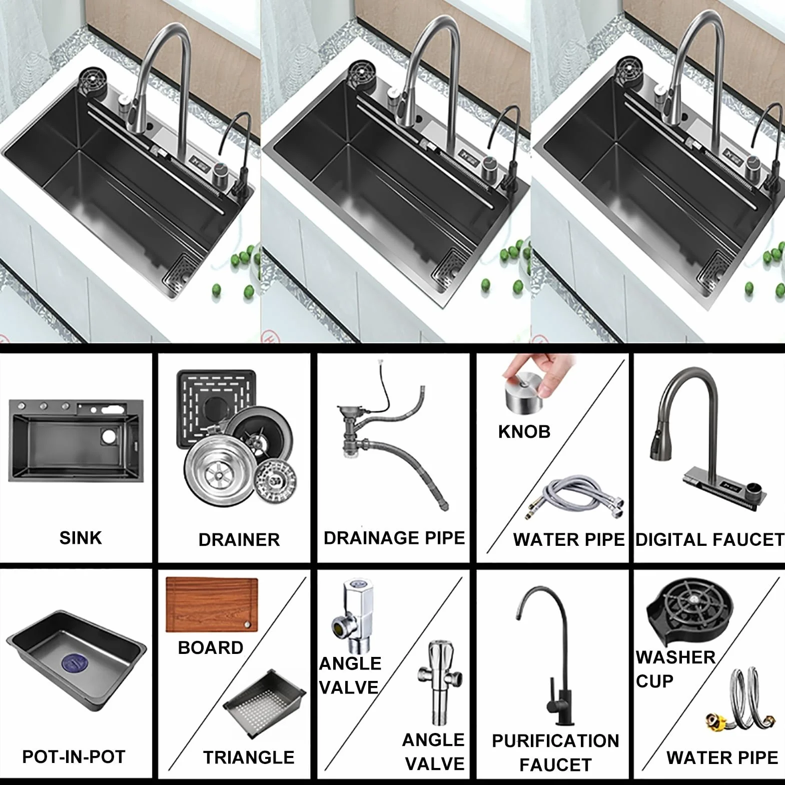 Nano Waterfall Sink Zlewozmywak kuchenny ze stali nierdzewnej 304, domowy, do warzyw, pojedynczy, zlew barowy, z wyciąganym kranem, myjka do kubków, kolor: A; wymiary: 75 x 46 cm