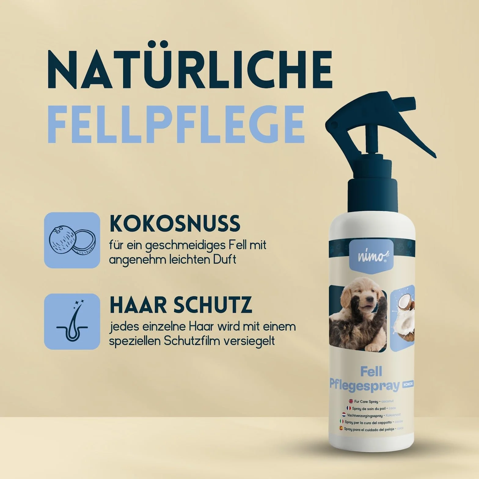 nimo® Spray do pielęgnacji futra kokosowego | dla psów, kotów i zwierząt domowych z kokosem | spray pielęgnacyjny dla błyszczącego i zadbanego futra | łatwiejsze rozczesywanie, pielęgnacja sierści,
