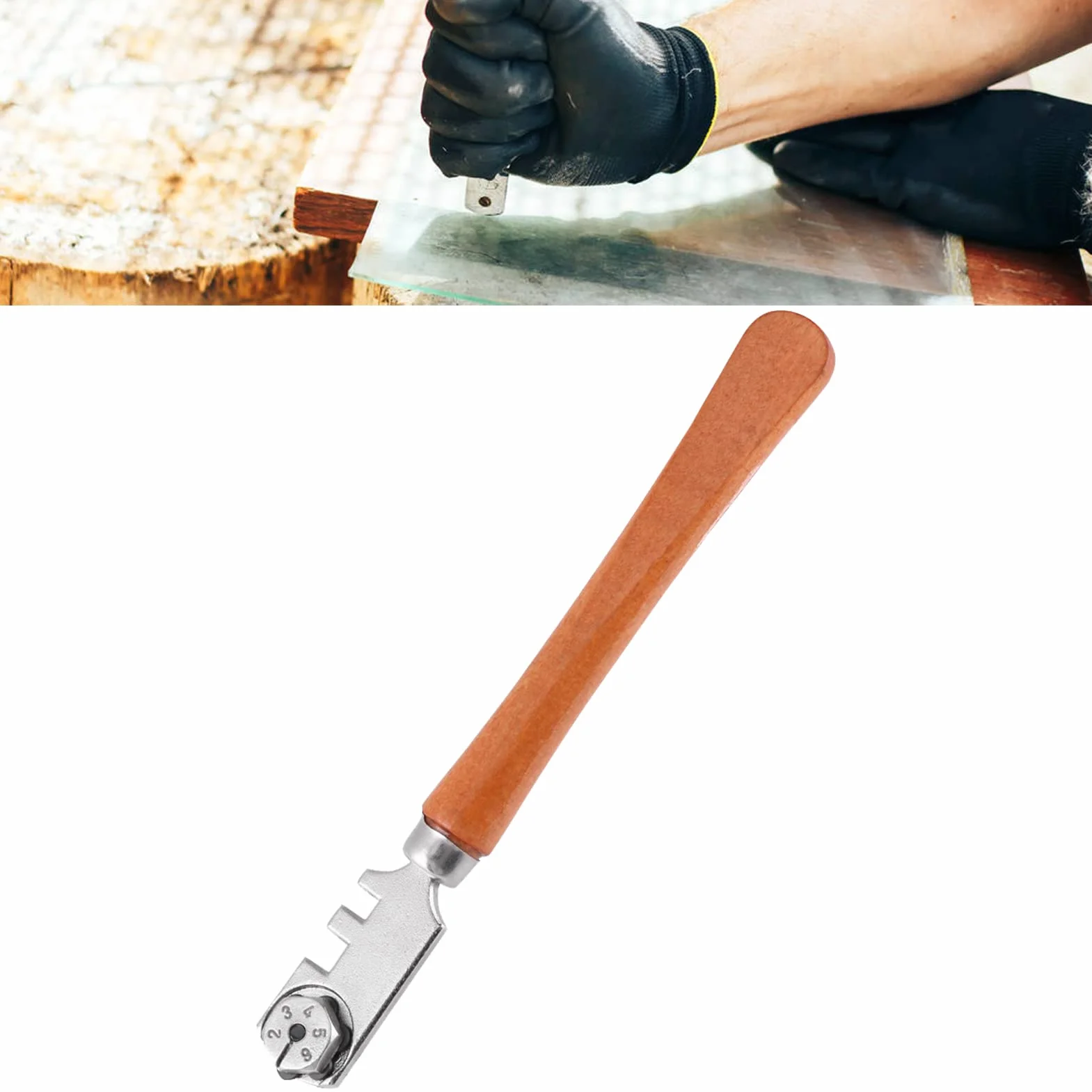 Obcinak do szkła z 6 kółkami, drewniana rękojeść, wymienne cięcie z węglików spiekanych, do cięcia szkła od 4 mm do 10 mm