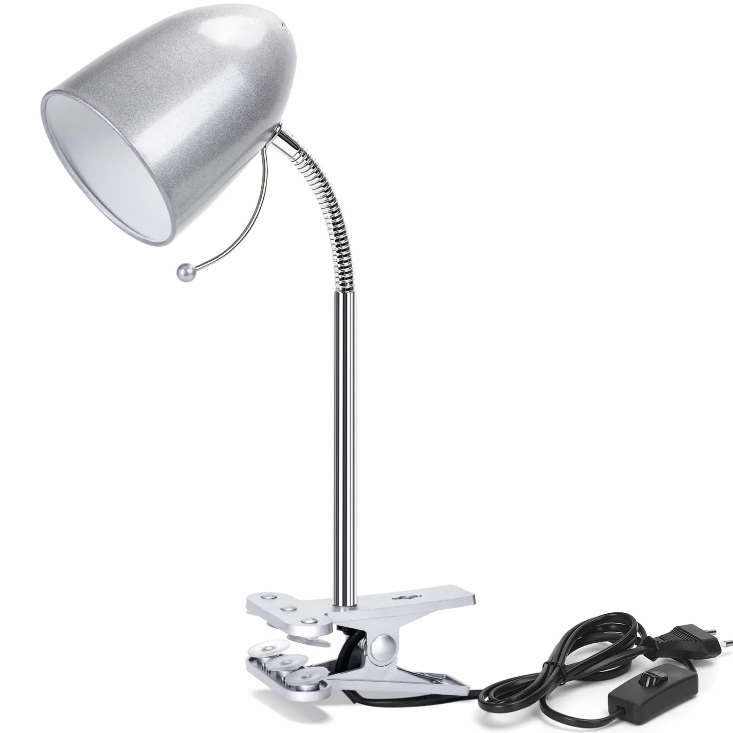 Aigostar Lampa biurkowa z zaciskiem Retro, Lampa zaciskowa bez żarówki, Flexo zaciskowy do łóżka, kompatybilny z żarówkami LED model E27 (maks. 240V), odpowiedni do czytania, pracy, kolor Srebrny