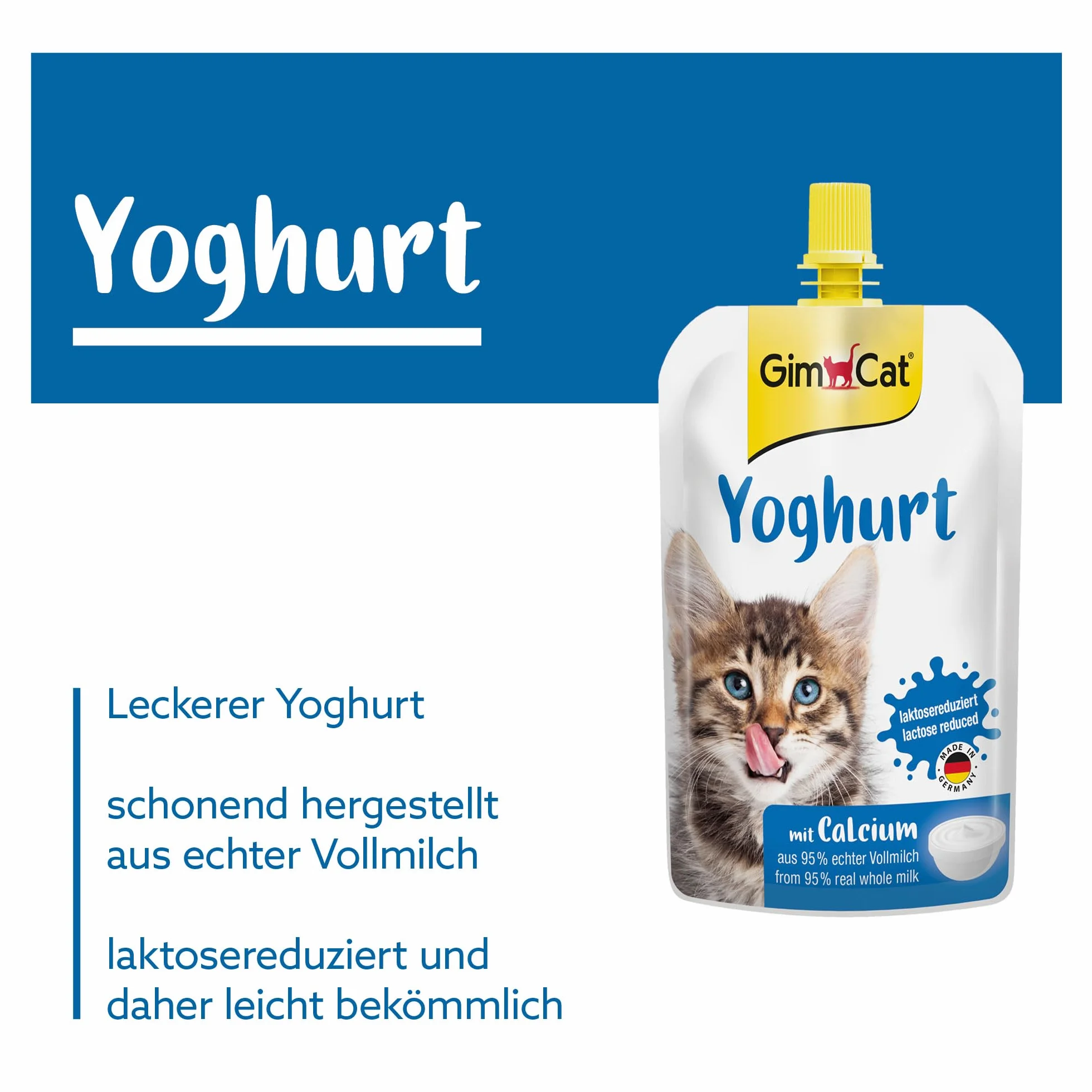 GimCat Yoghurt - Przysmak dla kotów o obniżonej zawartości laktozy, przygotowany z pełnego mleka z dodatkiem wapnia z myślą o zdrowiu kości - 1 worek (1 × 150 g)