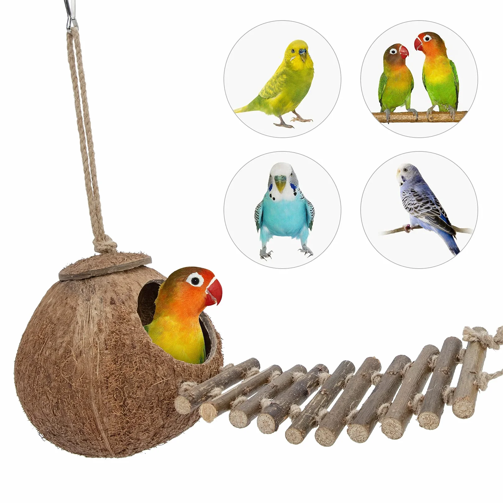 Niteangel® Naturalne gniazda dla ptaków, kryjówka kokosowa z drabiną, zabawka dla ptaków i małych zwierząt (Dom z drabiną, naturalna powierzchnia)