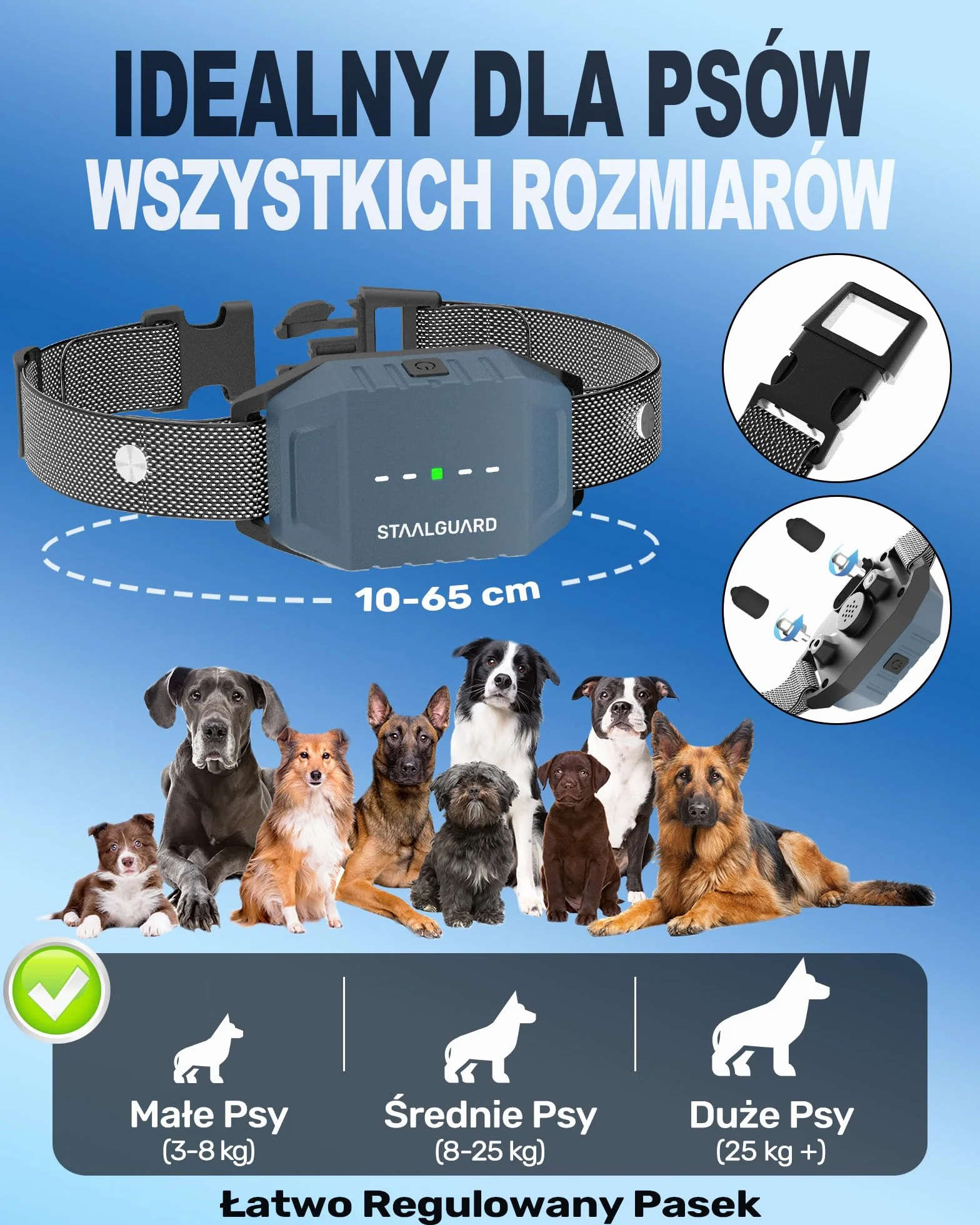 Obroża Treningowa dla Psów, Bez Wstrząsów, Tryby: Dźwięk, Wibracja, Boost, Zasięg 3 km, Kompaktowa, Ładowalna, Bateria na 30 Dni, Wodoodporna IP67, Dla Psów Wszystkich Rozmiarów
