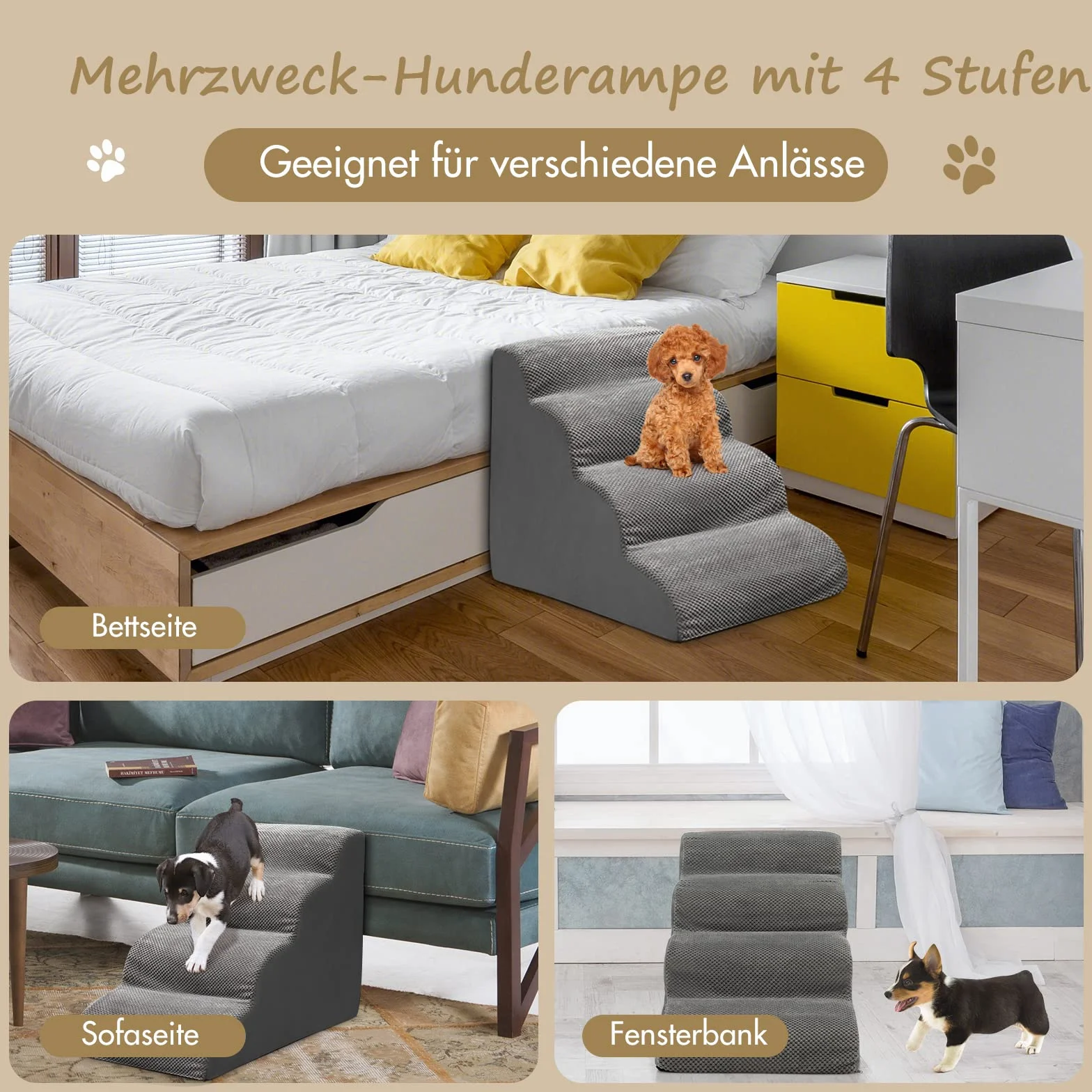COSTWAY Schody dla psa, 4 stopnie, antypoślizgowe schodki dla psów z pianki, schodki dla zwierząt domowych, kotów, zdejmowane, na sofę, łóżko, pokrowiec nadający się do prania (kolor szary)