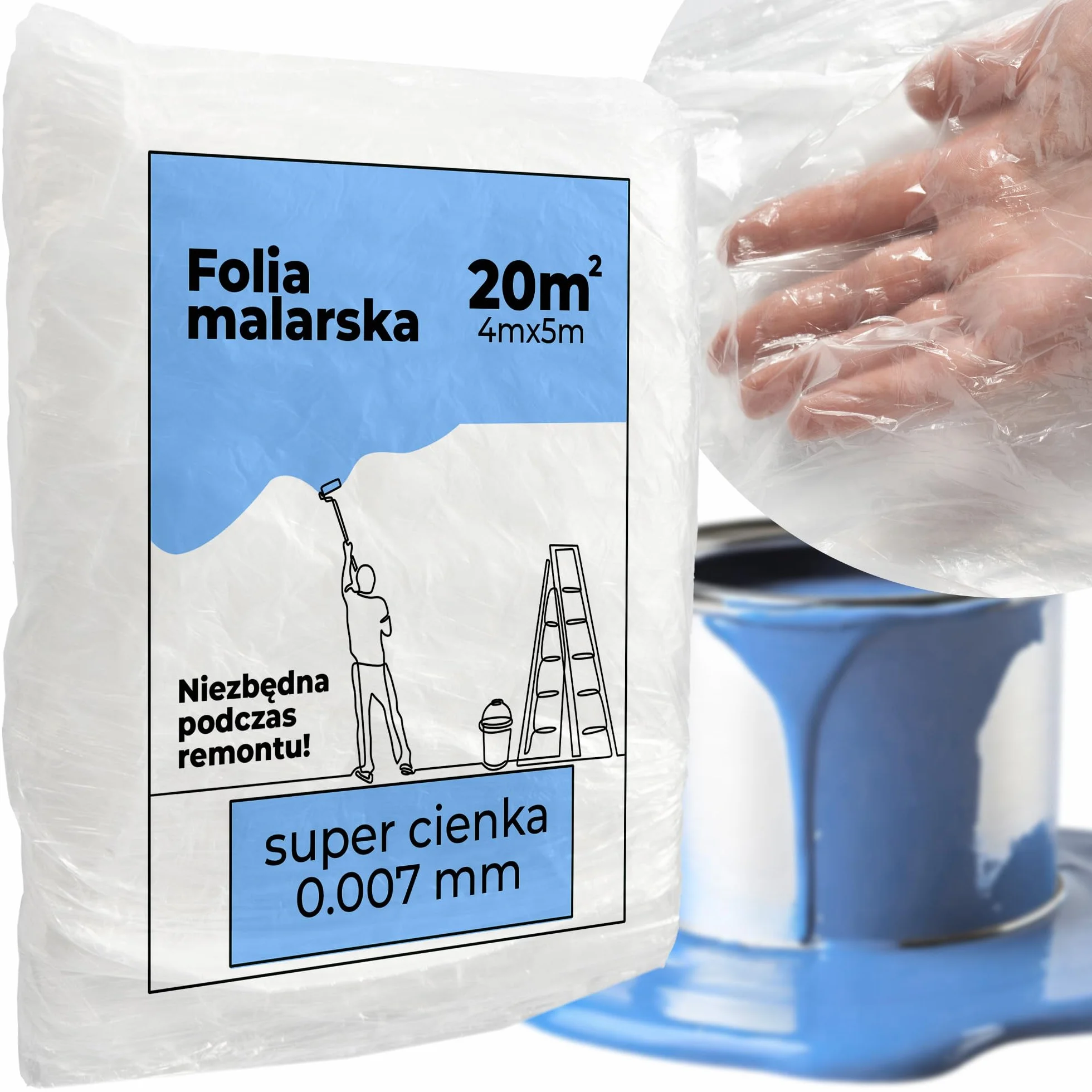 Folia Malarska SUPER Cienka 0.007mm Na Meble, Podłogi, Okna Ochronna Plandeka do Malowania 4x5m Wytrzymała Folia Osłonowa Powierzchni Podczas Malowania i Remontu Folia Ochronna Biała