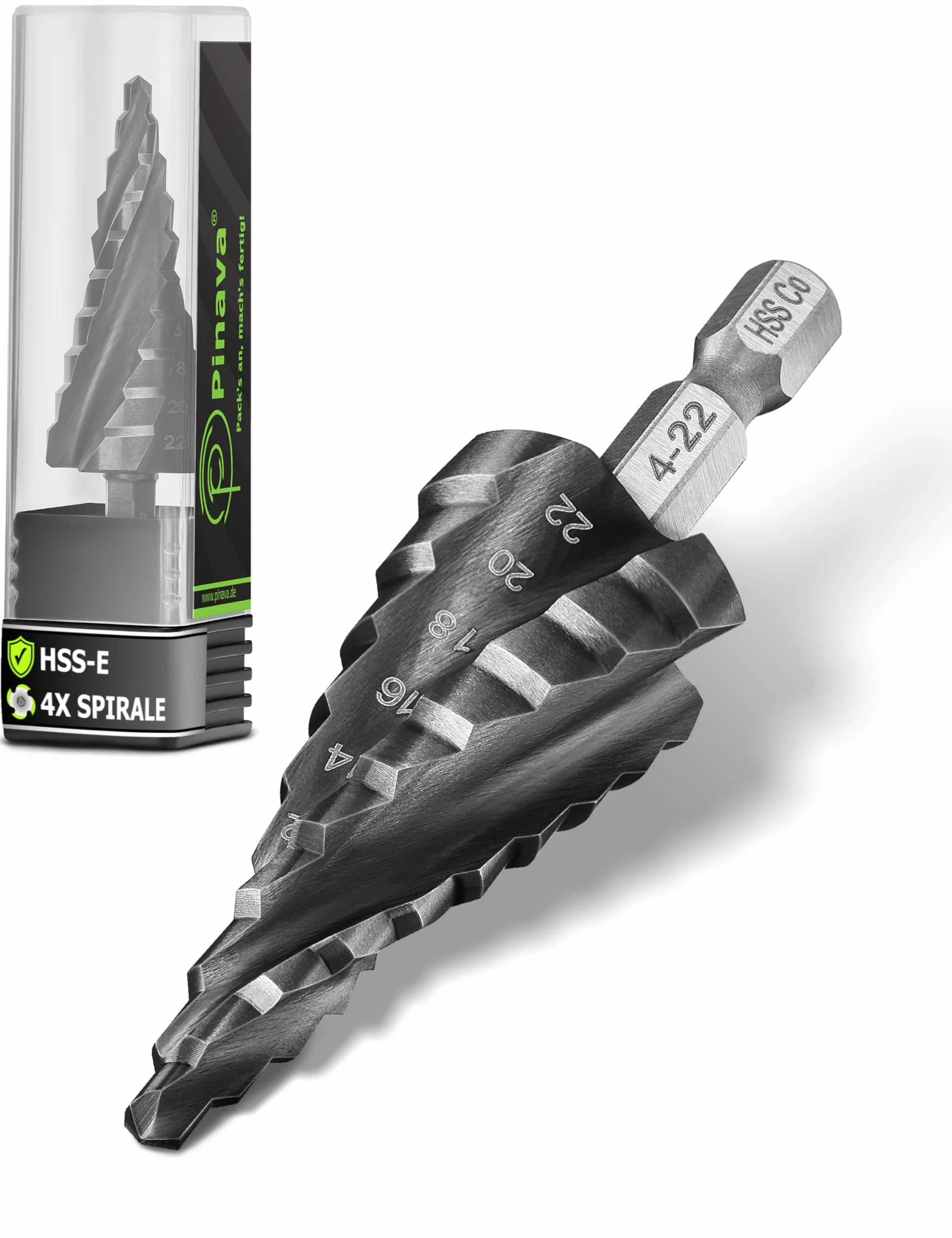 Pinava Wiertło stopniowe HSS Cobalt Pro 4XSPIRAL [szybsze, bardziej precyzyjne, trwalsze] Ø 4 – 22 mm – profesjonalne wiertło stożkowe do stali nierdzewnej, metalu, drewna, tworzywa sztucznego