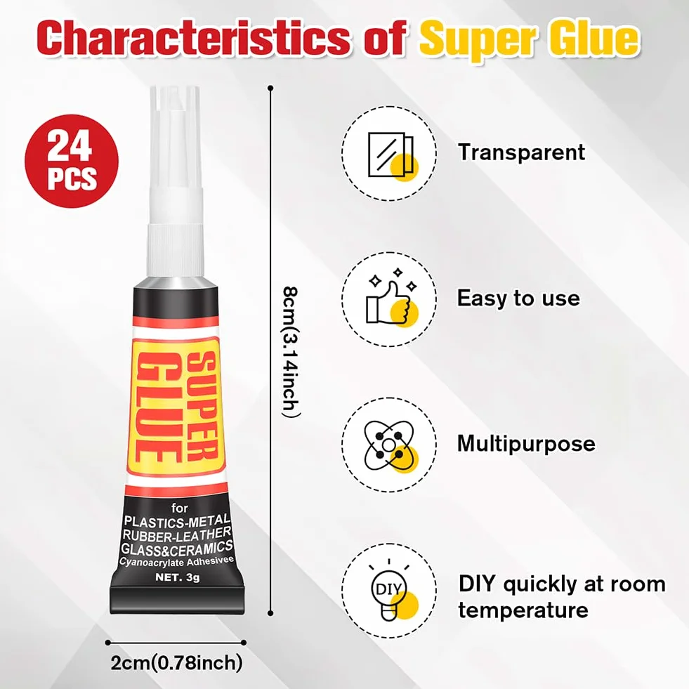 Flintronic Super klej, 24 szt., 3 ml, uniwersalny żel super klej, wielofunkcyjne kleje naprawcze, szybkie osadzanie i naprawa mocny klej, odpowiedni do metalu, ceramiki, plastiku, skóry i nie tylko