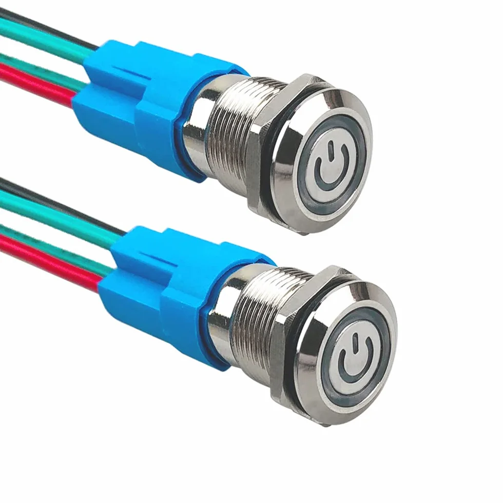 2 sztuki 12 mm automatyczny przełącznik przyciskowy, 12 V / 24 V 3A wodoodporny przełącznik przyciskowy ze stali nierdzewnej IP66, z gniazdem przewodowym (biała dioda LED)
