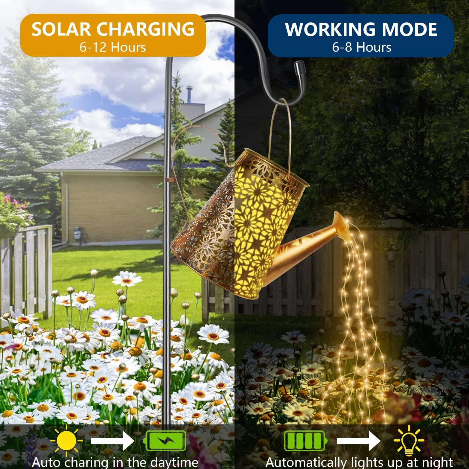 HELESIN Lampy solarne z łańcuchem świetlnym, konewka Fairy Garden Light (2 sztuki), solarna konewka LED z łańcuchem świetlnym na zewnątrz, do ogrodu, na patio, doniczkę i trawnik (z 2 stojakami)