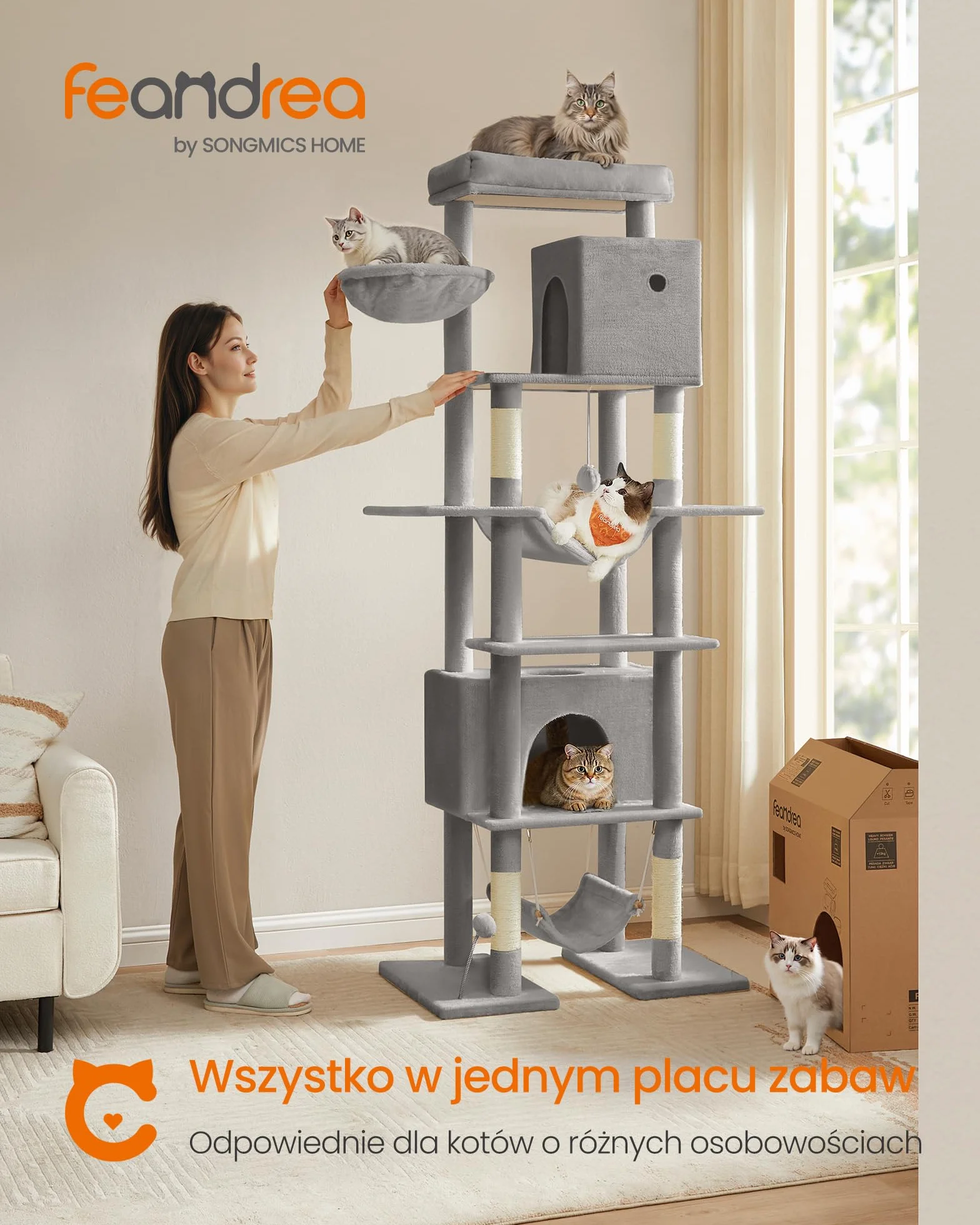 Feandrea Drapak XXL Dla Kota - Wielopiętrowy, Wysokość 201 cm, Z Platformą, Leżanką, 2 Jaskiniami, 2 Hamakami, Jasnoszary PCT195G01