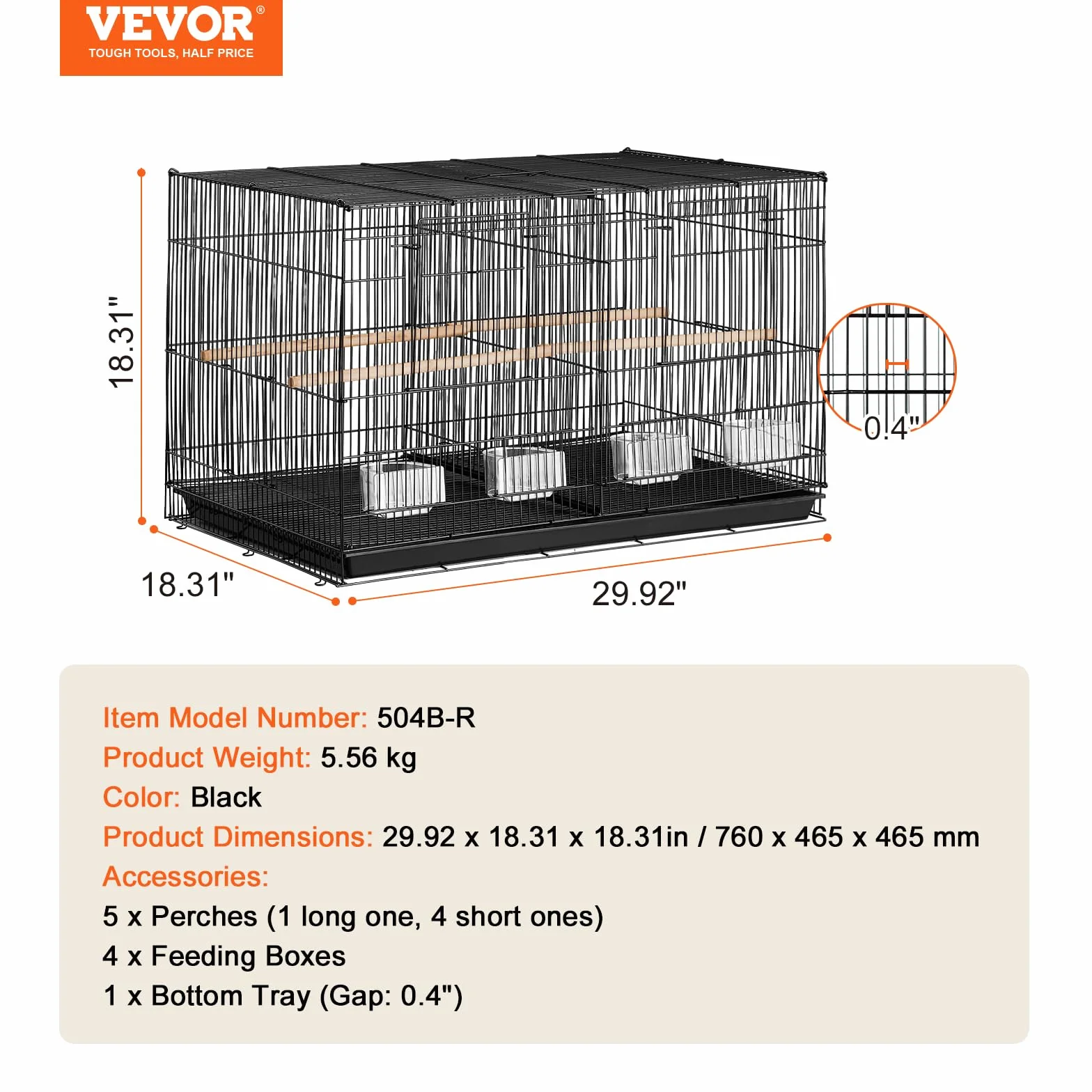 VEVOR Klatka dla ptaków 760 x 465 x 465 mm, klatka dla małych papug z przegrodą, 5 wieszaków i 4 karmników, wytrzymała metalowa klatka dla ptaków na papugi, kanarki, gapornis, czarne