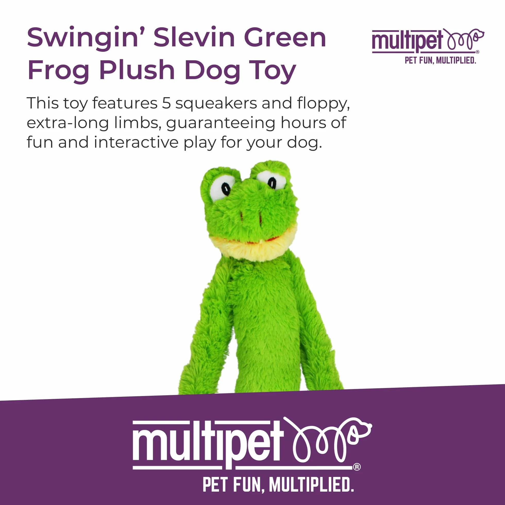 MULTIPET Swingin' Slevin XXL pluszowa zabawka dla psa, 71 cm, zielona żaba z bardzo długimi rękami i nogami, wiele piszczących, idealna dla dużych ras