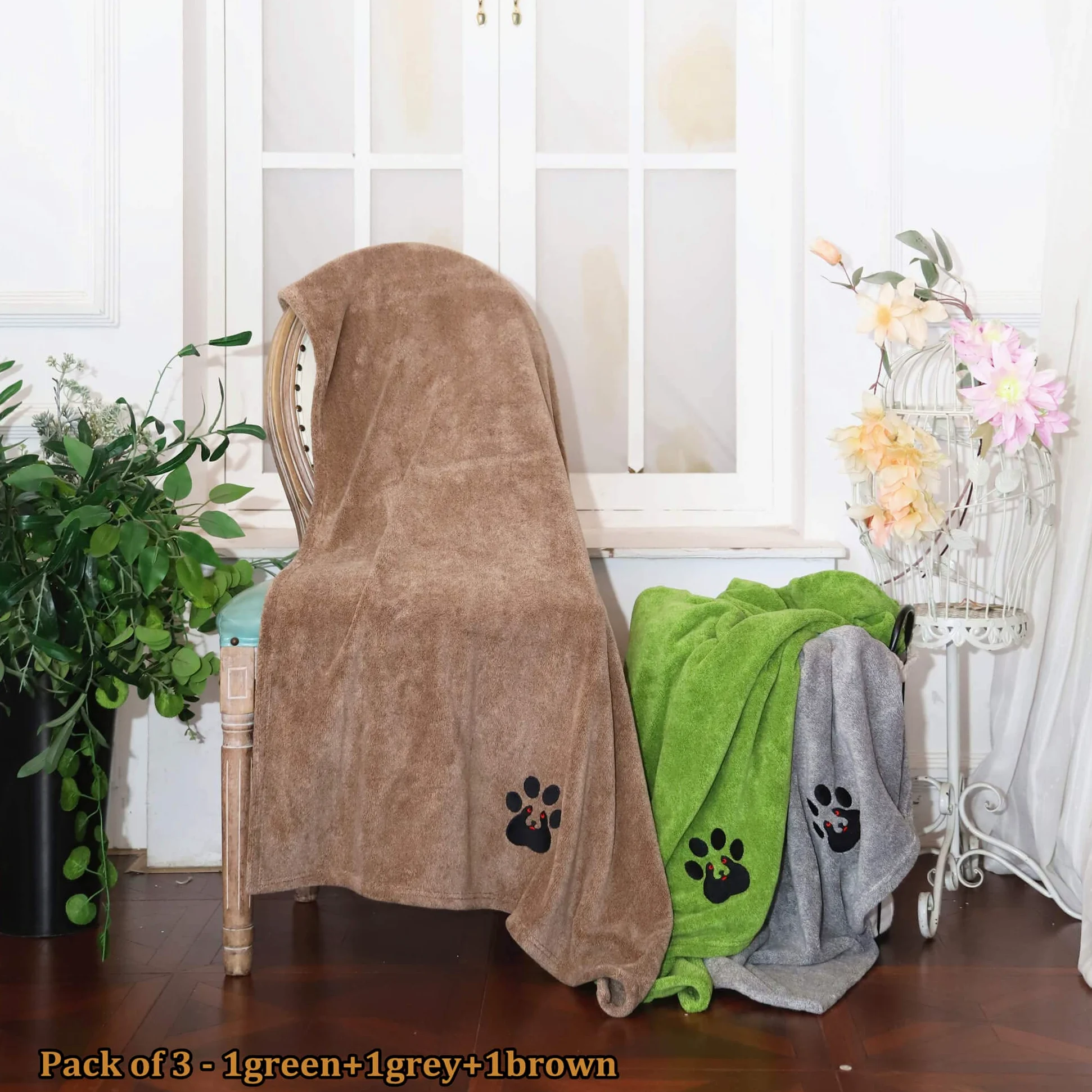 Dogvingpk Bardzo duże ręczniki dla psów do suszenia psów, super chłonny, miękki ręcznik do pielęgnacji zwierząt domowych, dla psów, kotów i innych zwierząt domowych (XL, 140 x 91 cm, zielony, brązowy