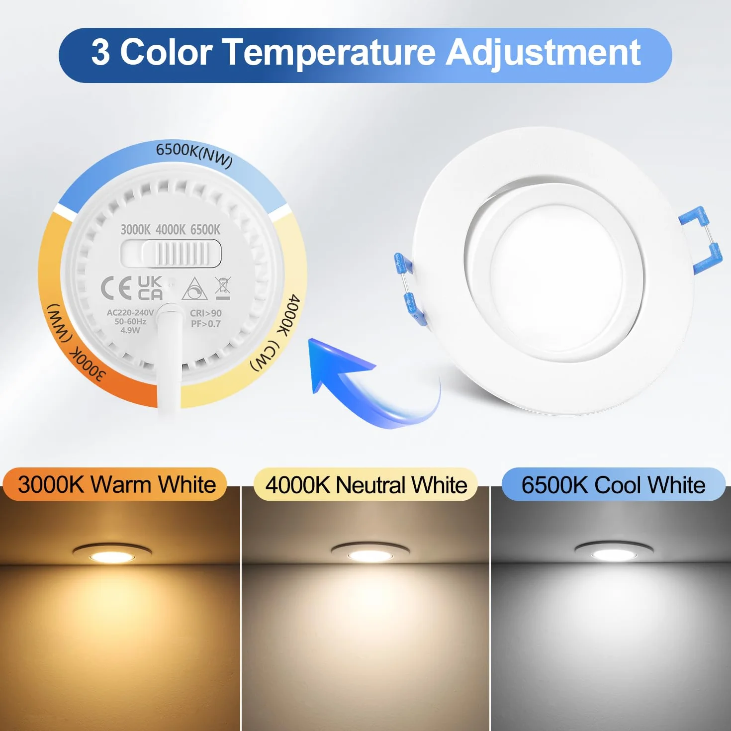 YindaLux Reflektor LED 5 W 68 mm IP44 3000 K/4000 K/6500 K ściemnianie obracane sufitowe