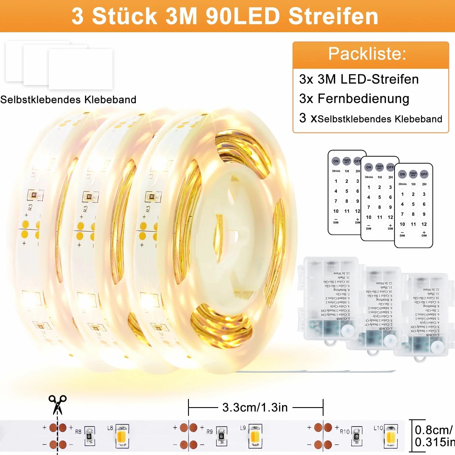 Taśma LED z baterią 3M, 3 sztuki taśm LED z pilotem zdalnego sterowania i timerem, taśmy LED na baterie, taśmy LED w kolorze ciepła biel i zimna biel, możliwość przyciemniania, 12 trybów, taśma LED do