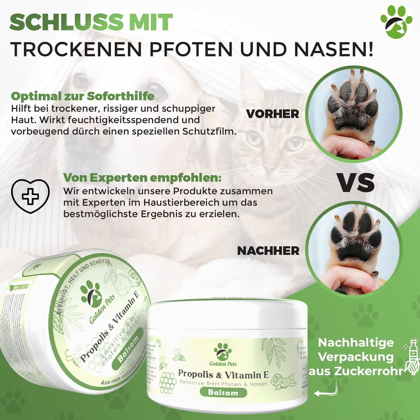 Golden Pets Balsam do łap dla psów i kotów – bardziej miękkie łapy i kompleksowa ochrona – 100% naturalny – maść na łapy, pielęgnacja łap, ochrona łap, balsam do nosa z propolisem i witaminą E
