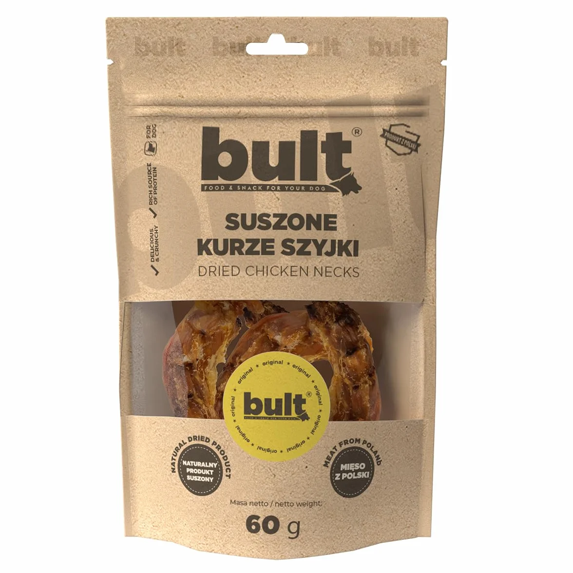 BULT, Naturalne Gryzaki dla Psa, Suszone Kurze Szyjki, 60g, Karma Uzupełniająca, Wysokobiałkowa, 100% Naturalne Składniki