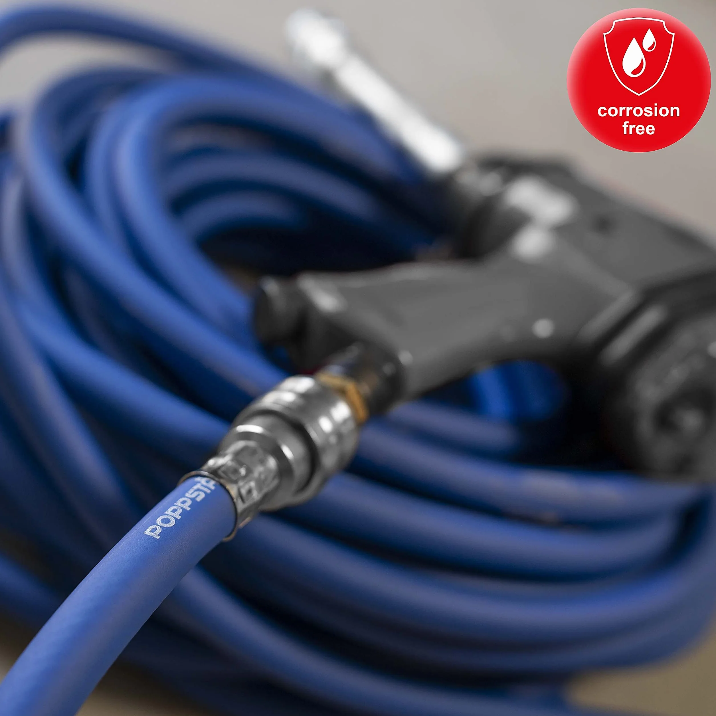 Poppstar wąż pneumatyczny 5m (hybrydowy: PVC wzmocniony tkaniną, średnica wew 9,2mm z szybkozłączką i wtyczką złącza) do 20 bar, niebieski