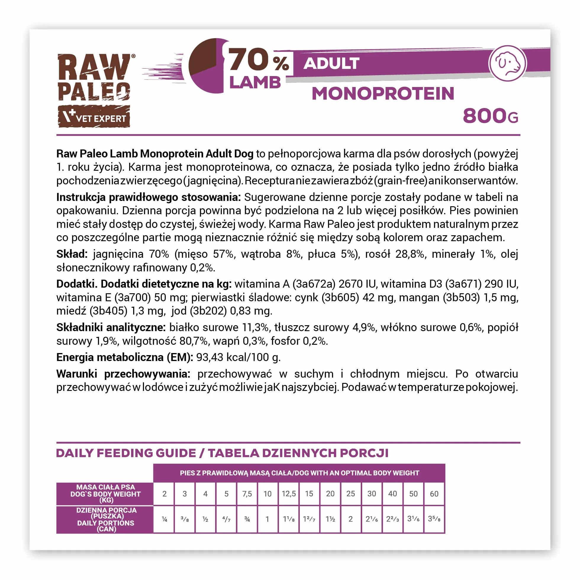 Mokra karma dla psów dorosłych monoproteina z jagnięciną ADULT DOG LAMB 6x800g