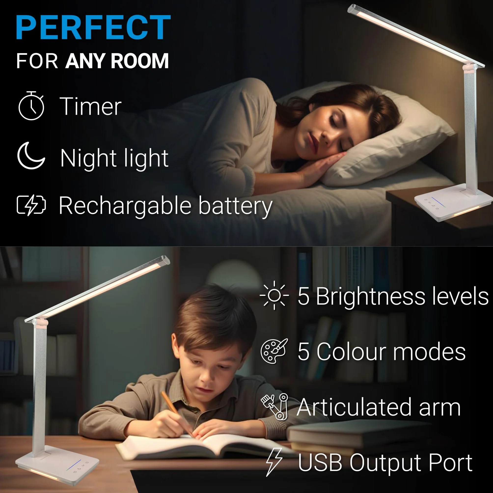 Maxter Potężna lampa biurkowa LED - akumulatorowa lampka nocna do czytania (6 W, 550 lumenów, port USB, 5 poziomów jasności i 5 kolorów, timer 30 min, tryb odtwarzania)