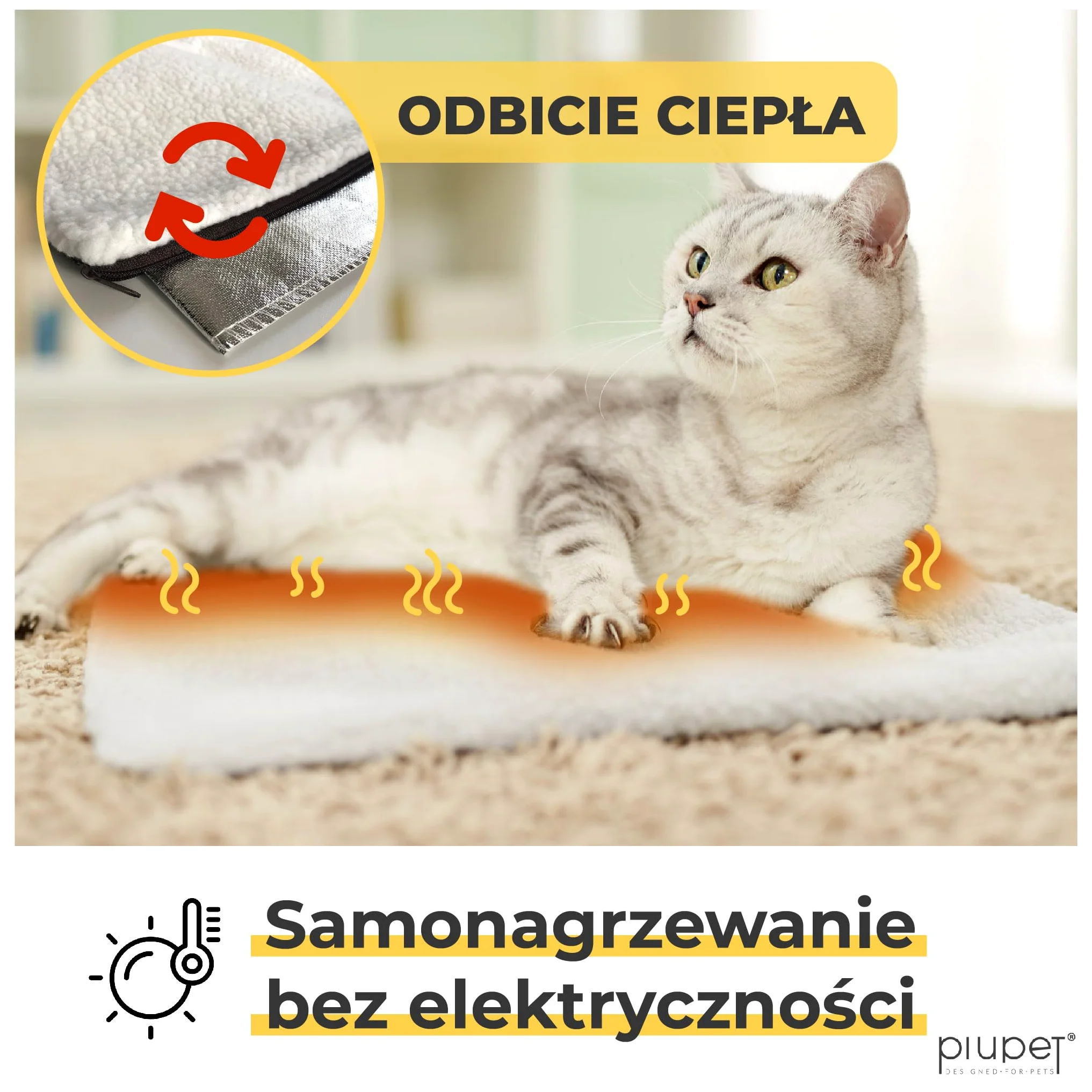 PiuPet® Samonagrzewający się Koc dla Kota 60x45cm Mata Bez Prądu Antystresowy Biały