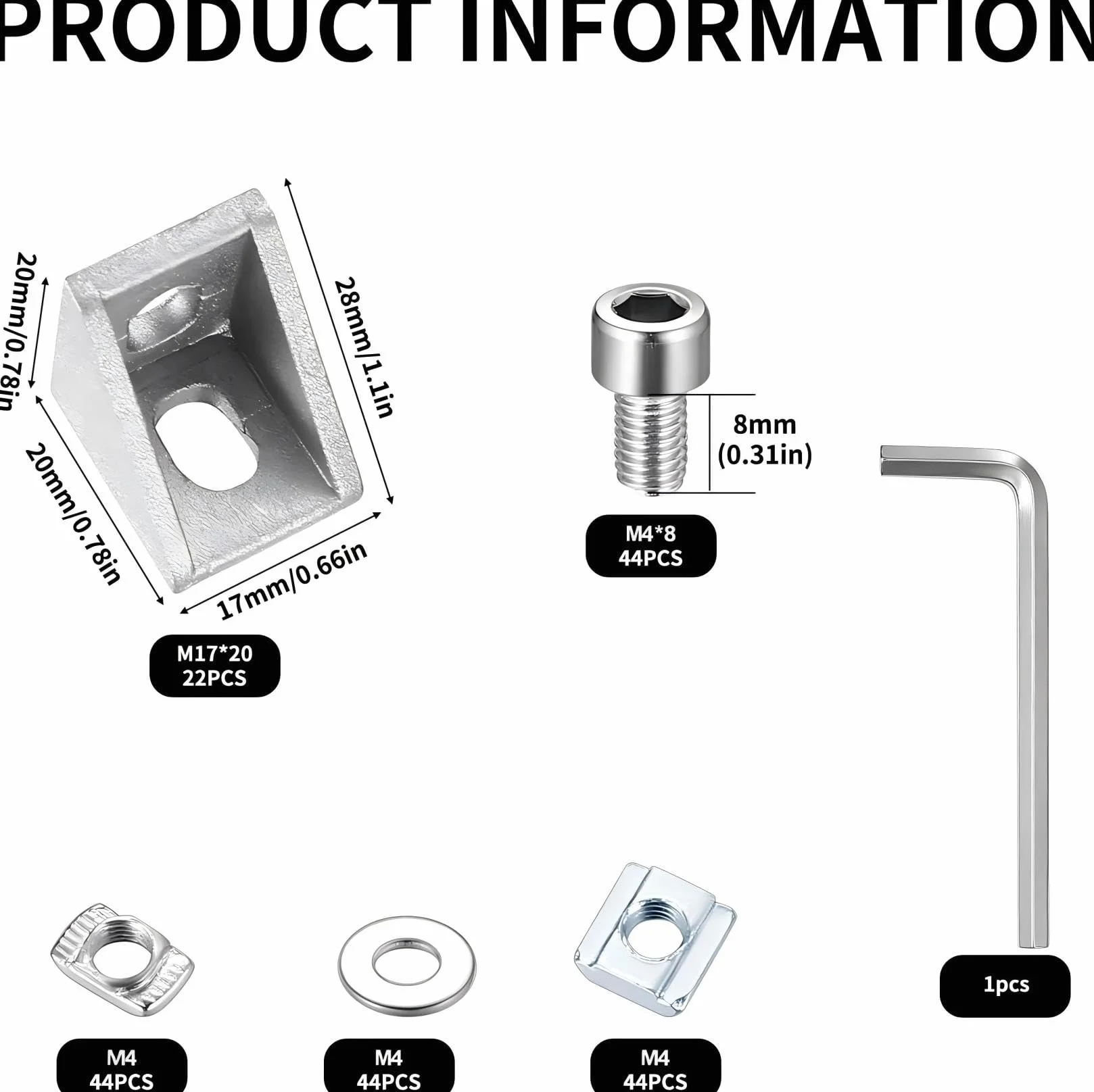 Profil aluminiowy 22 szt. 20 x 20 nakrętek, 6 profili L, łącznik kątowy 90 stopni
