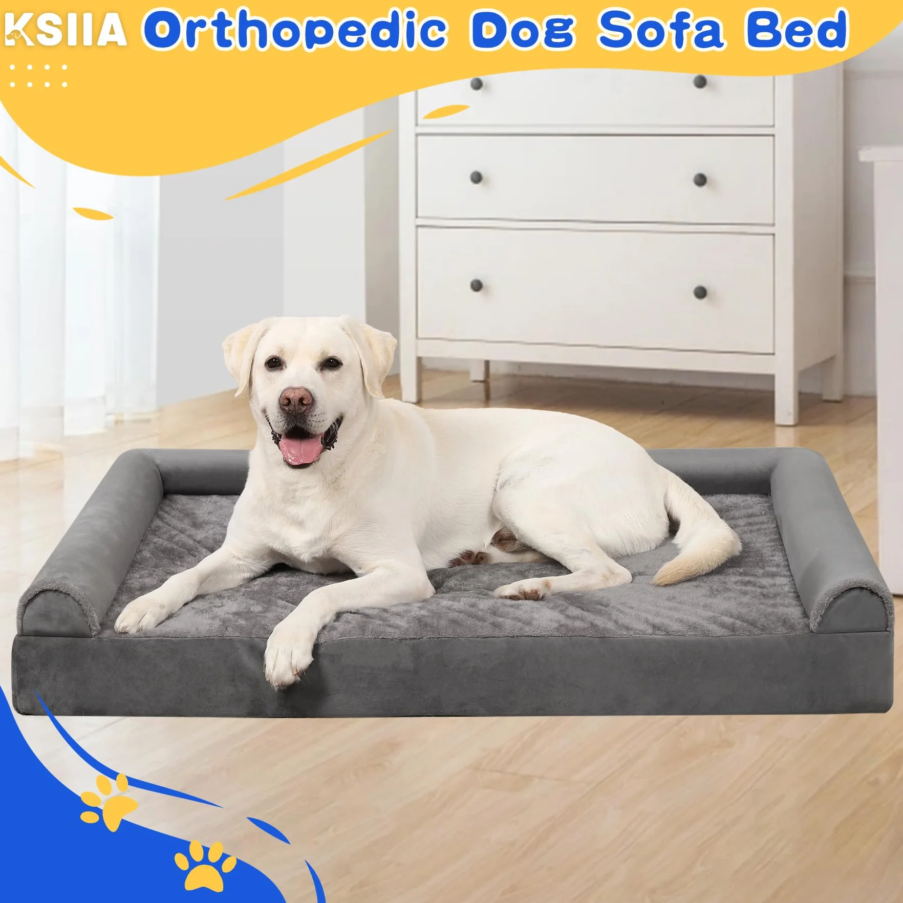 KSIIA Legowisko dla dużych psów ortopedyczne, Łóżko dla psa, poduszka dla psa 121x76x18cm zdejmowana sofa dla psa, zmywalne antypoślizgowe, XXL Szary