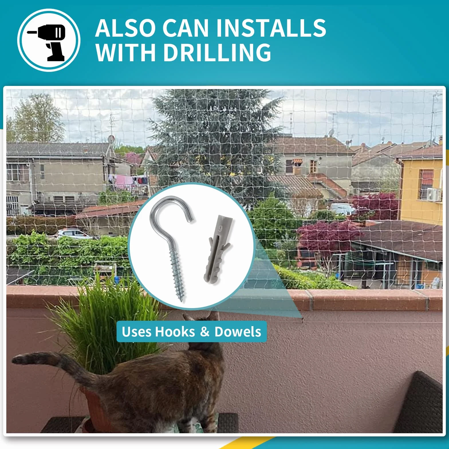 Siatka Ochronna dla Kotów na Balkon – bez Wiercenia, Przezroczysta, Odporna na Warunki Atmosferyczne i Promieniowanie UV, Zabezpieczenie dla Kotów do Okien, Drzwi, Tarasu i Lukarn (5×3m)