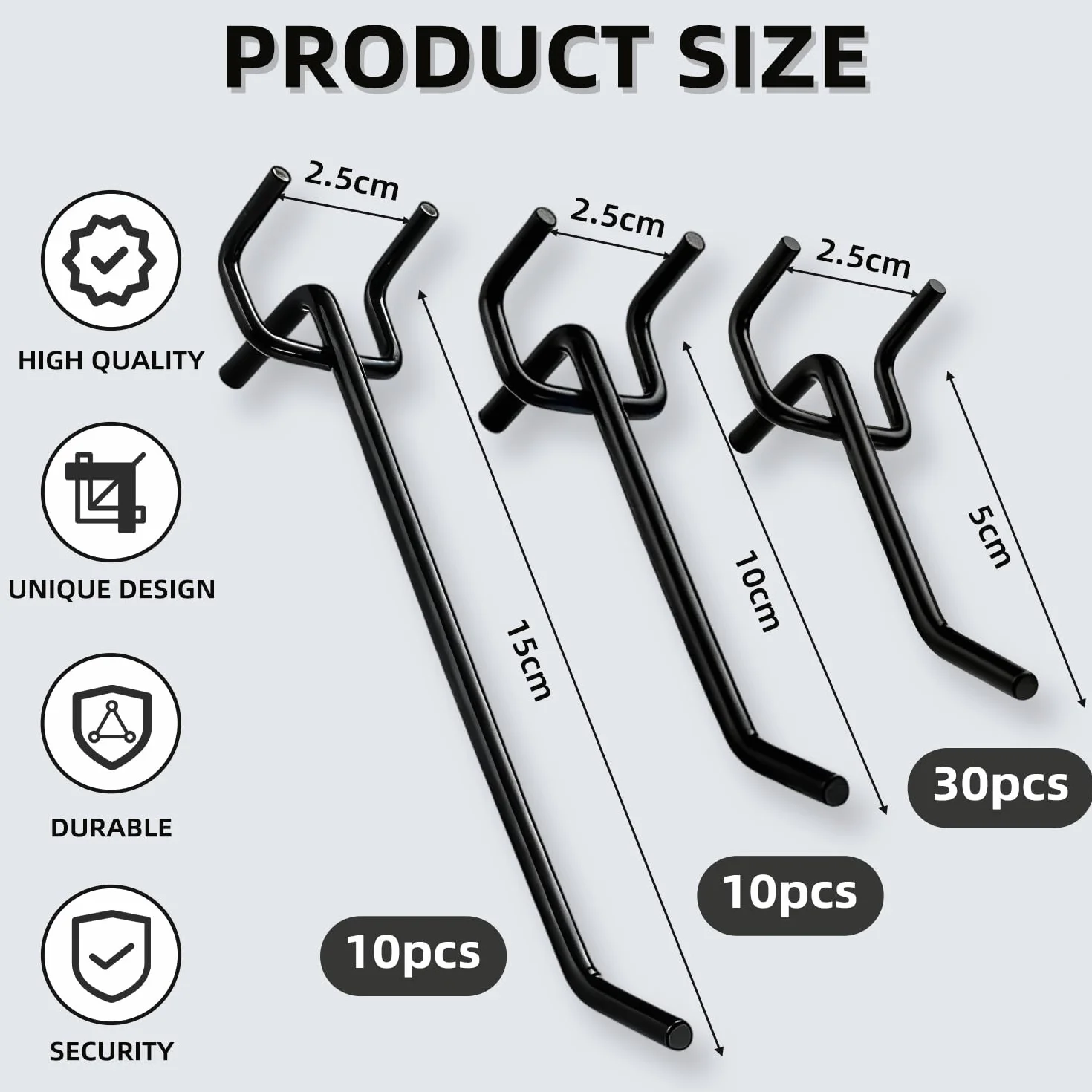 Haki do ściany perforowanej 50 sztuk czarne 5 cm 10 cm 15 cm