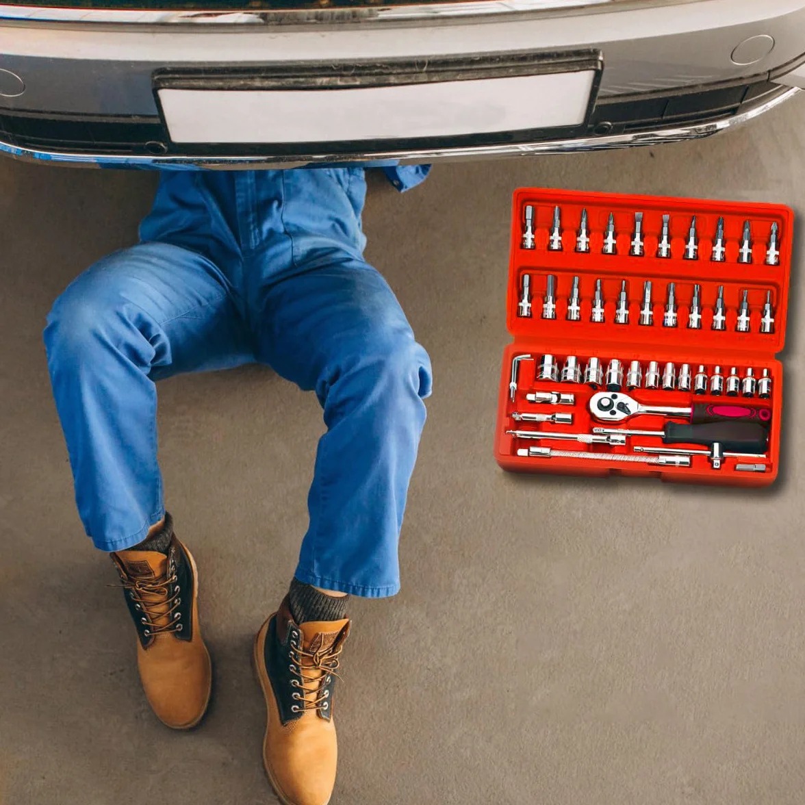 Retoo Zestaw kluczy nasadowych, 46-częściowy zestaw narzędzi dla mechaników, nakrętki, rozmiary, zestaw nakrętek, pudełko na grzechotkę, pudełko na grzechotkę i zestaw bitów do napraw i majsterkowania