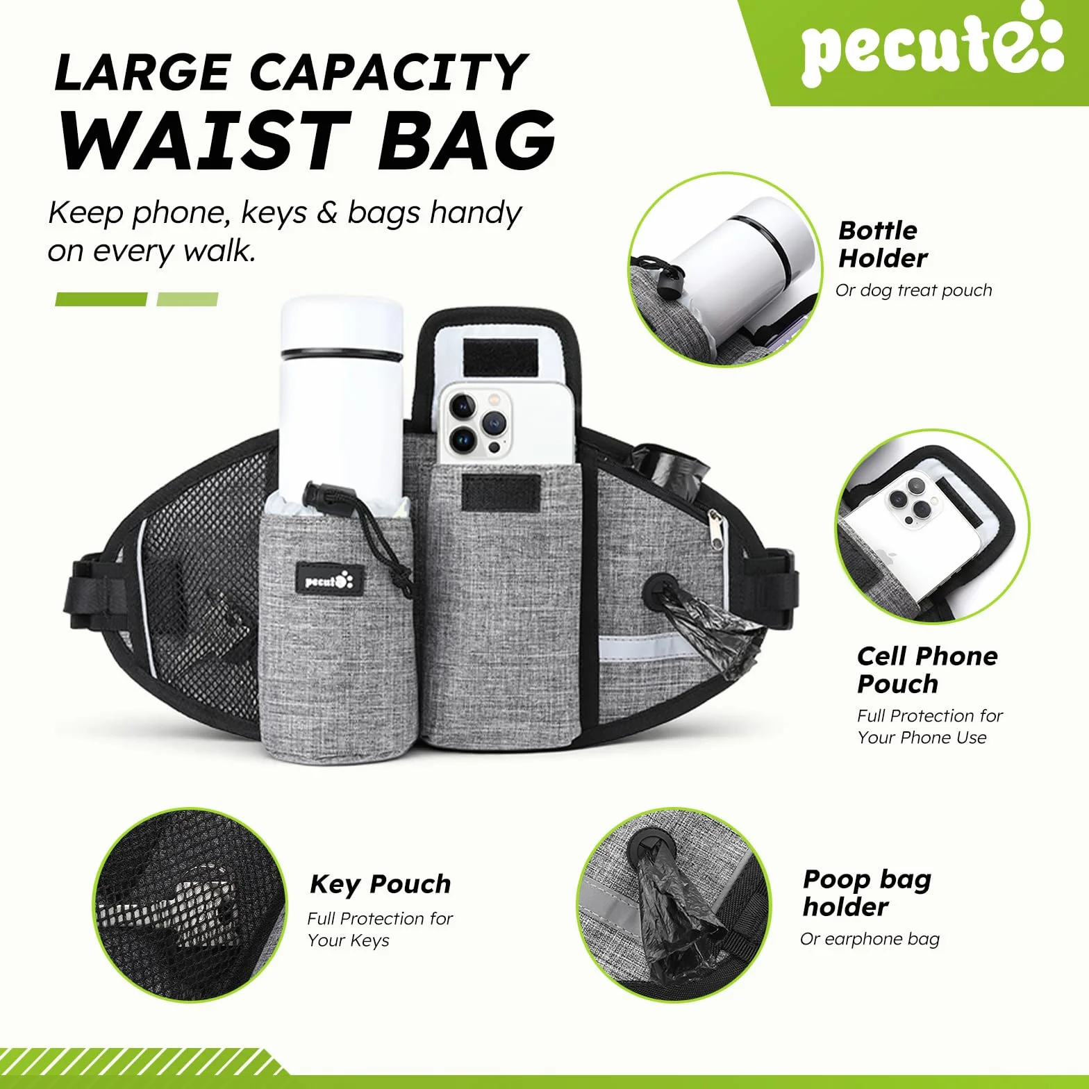 Pecute Smycz dla psa bez użycia rąk do 110kg Absorpcja wstrząsów, wygodna, odblaskowa szwy, idealna do biegania, joggingu i chodzenia (biała)