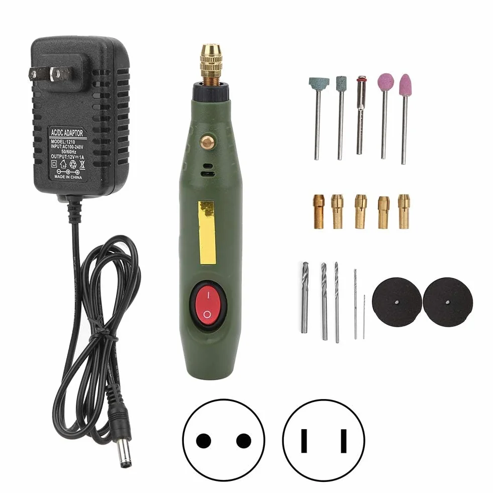 Mini wiertarka elektryczna, obrotowa piórnik narzędziowy do grawerowania szlifierki, rzeźbienie w drewnie agatowym 18000 obr/min AC 100-240V, z 4-częściową głowicą szlifierską i 5-częściowym